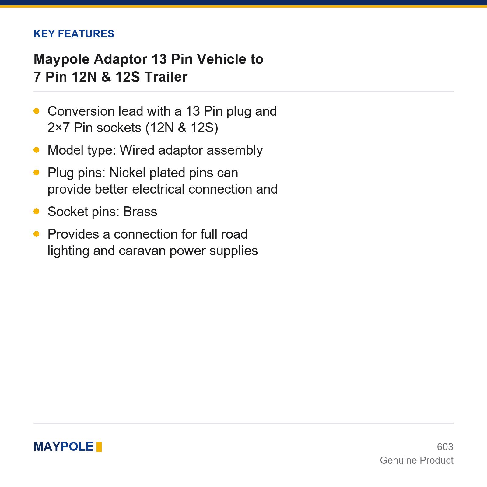 Maypole Adaptor Lead 13 Pin Vehicle to 7 Pin 12N & 12S Trailer Towing Caravan - Image 2