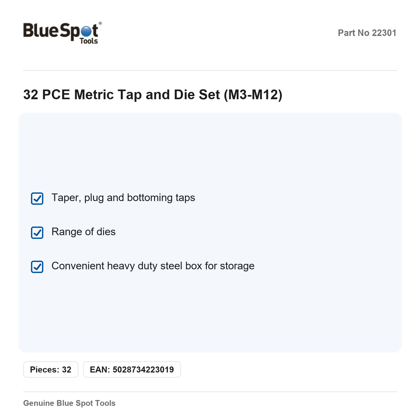 BlueSpot 32pc Metric Tap and Die Set M3-M12 Thread Repair - Image 3