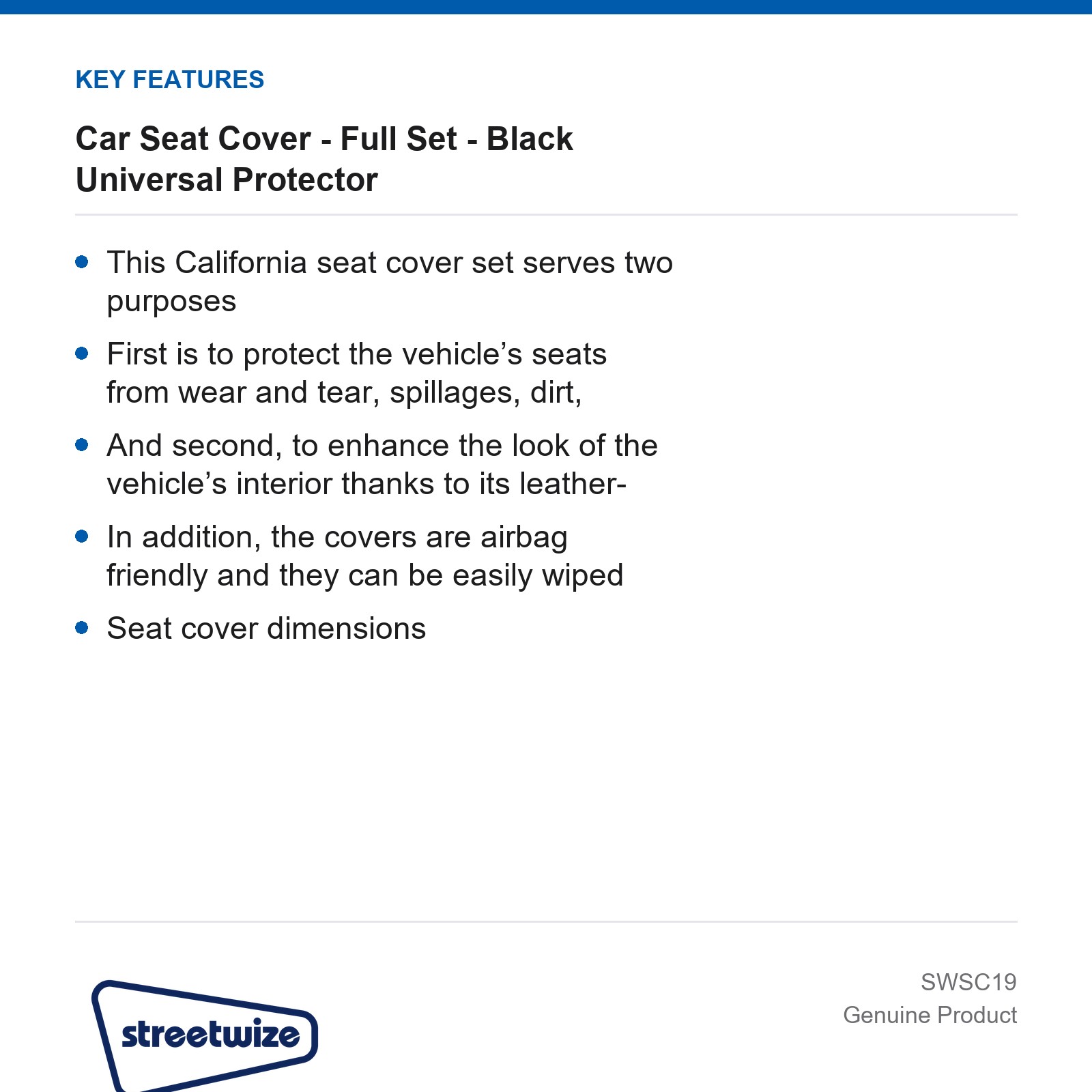Universal Car Seat Cover Full Set Black Waterproof Van Streetwize - Image 4