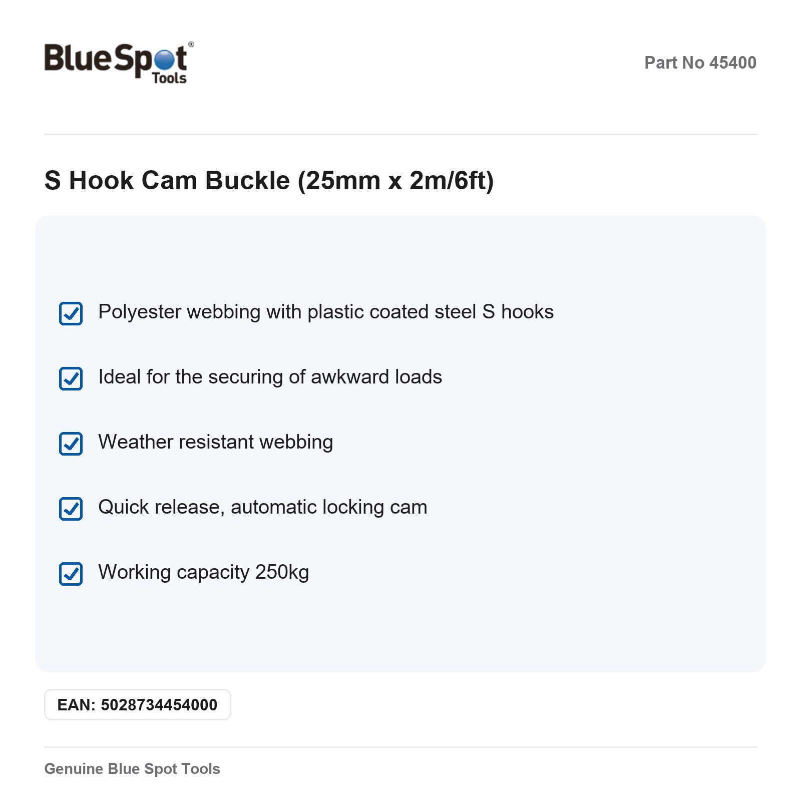 BlueSpot Tie Down Strap S Hook Cam Buckle 25mm x 2m/6ft Cargo Trailer - Image 2
