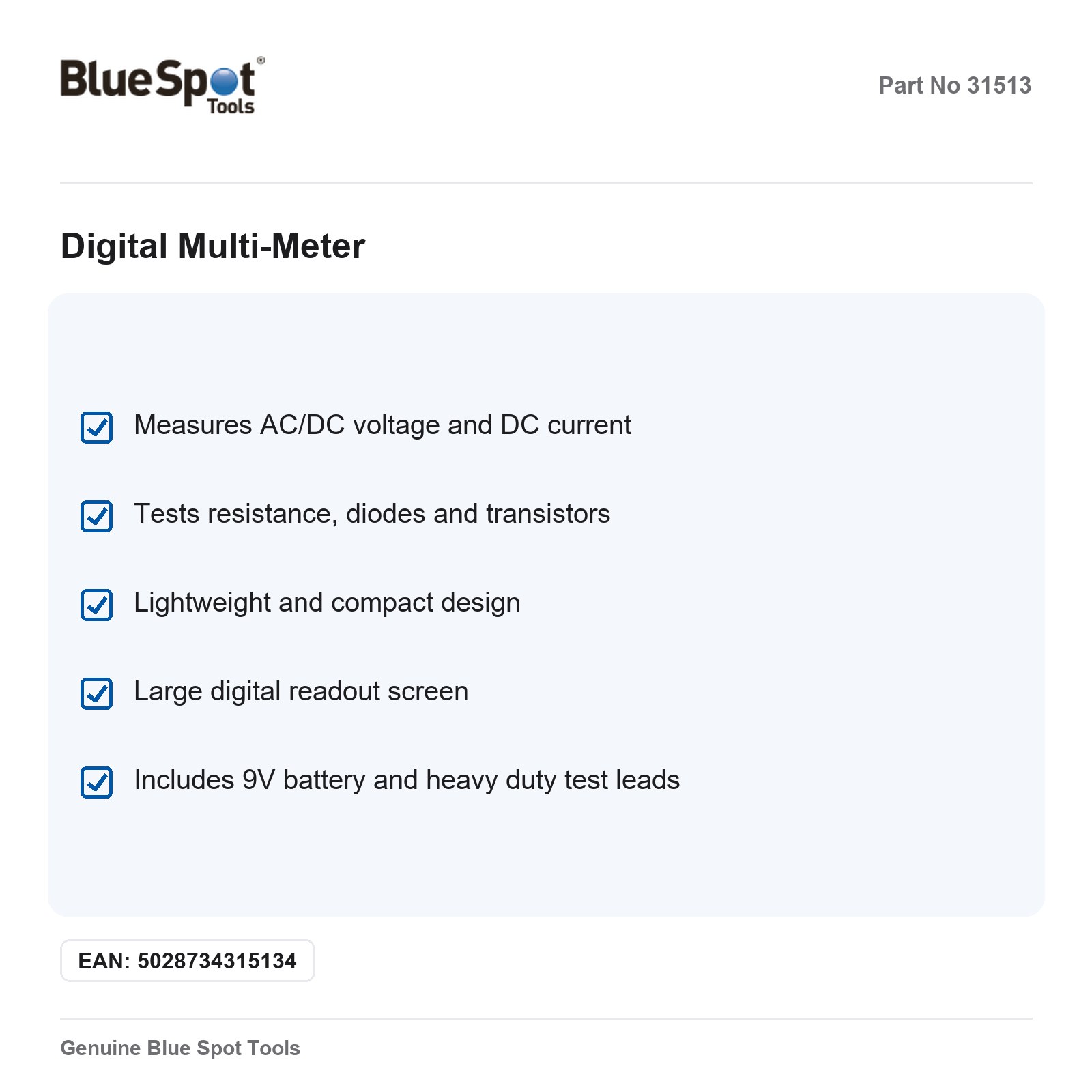 Bluespot Digital Multi-Meter AC/DC Voltage Current Resistance Diodes Transistors - Image 3