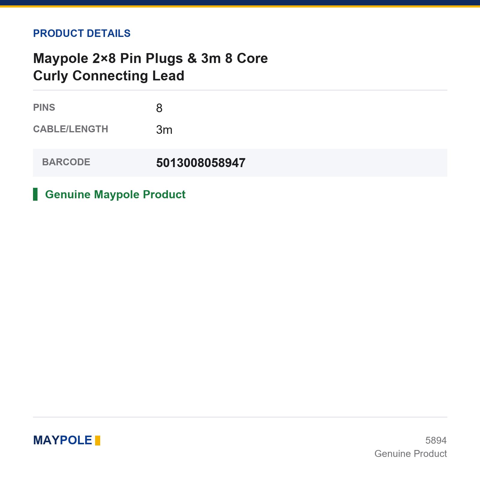 Maypole 3m 8 Core Curly Connecting Lead 2x8 Pin Plugs Trailer Towbar - Image 3