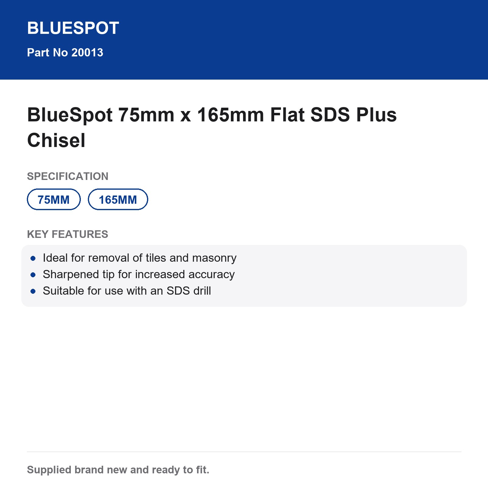 BlueSpot Flat SDS Plus Chisel 75x165mm Carbon Steel Tile Masonry - Image 4