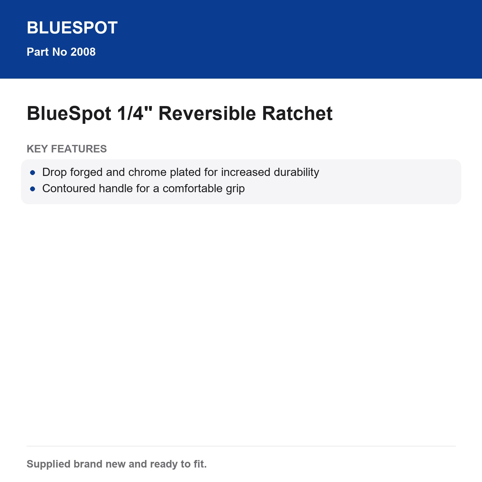 BlueSpot 1/4" Reversible Ratchet Drop Forged Chrome Plated Contoured Handle - Image 4