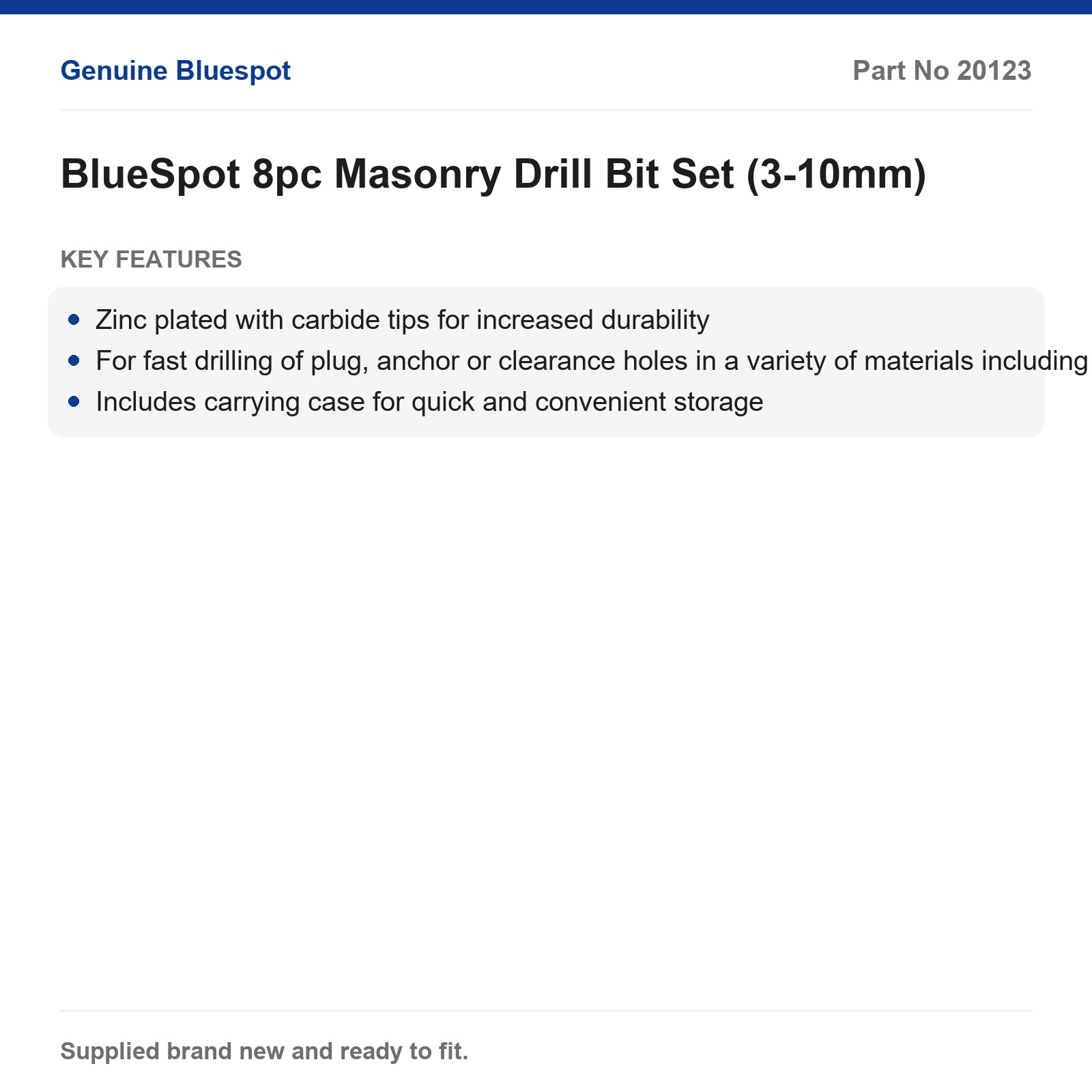 BlueSpot 8pc Masonry Drill Bit Set 3-10mm Carbide Concrete Stone - Image 3