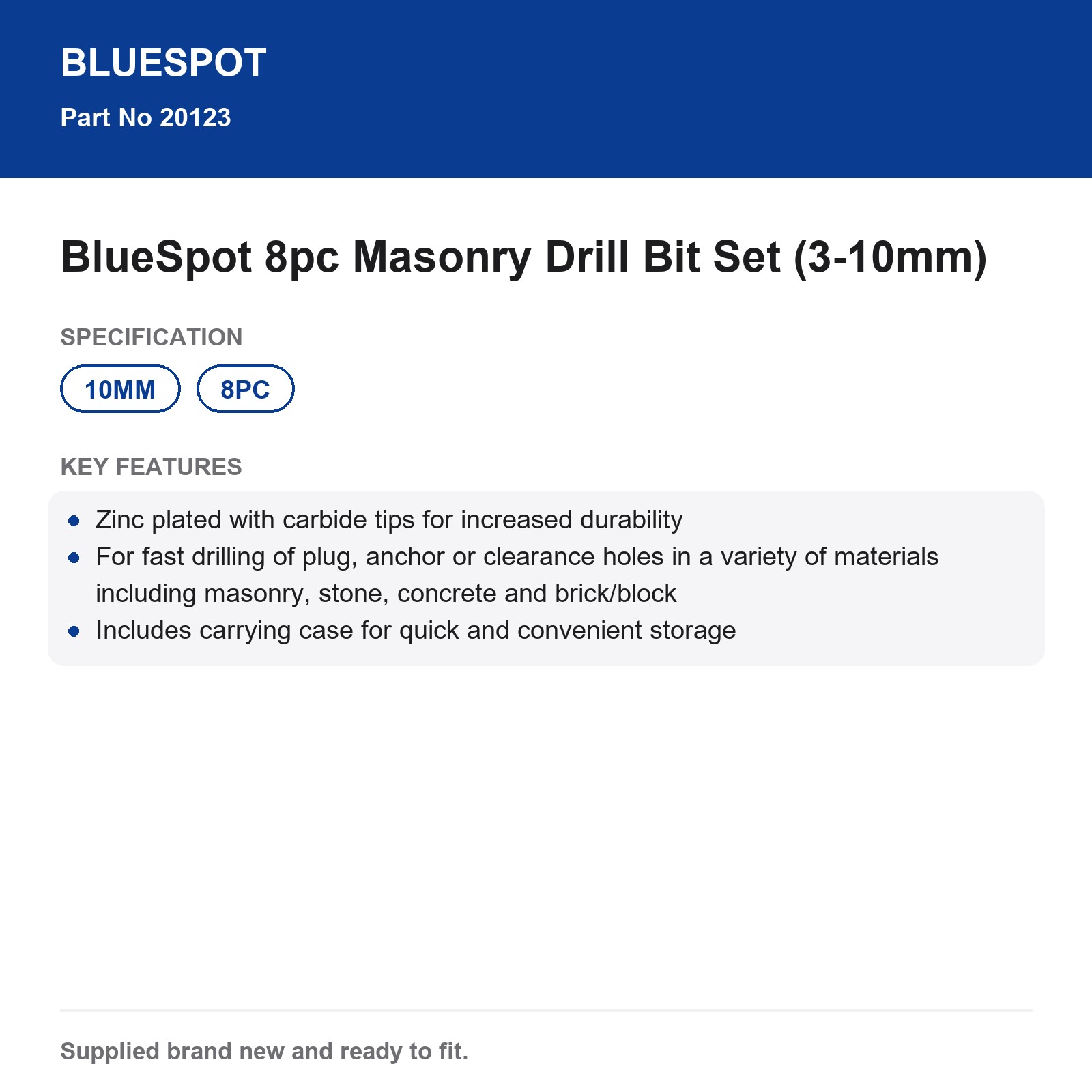 BlueSpot 8pc Masonry Drill Bit Set 3-10mm Carbide Concrete Stone - Image 4