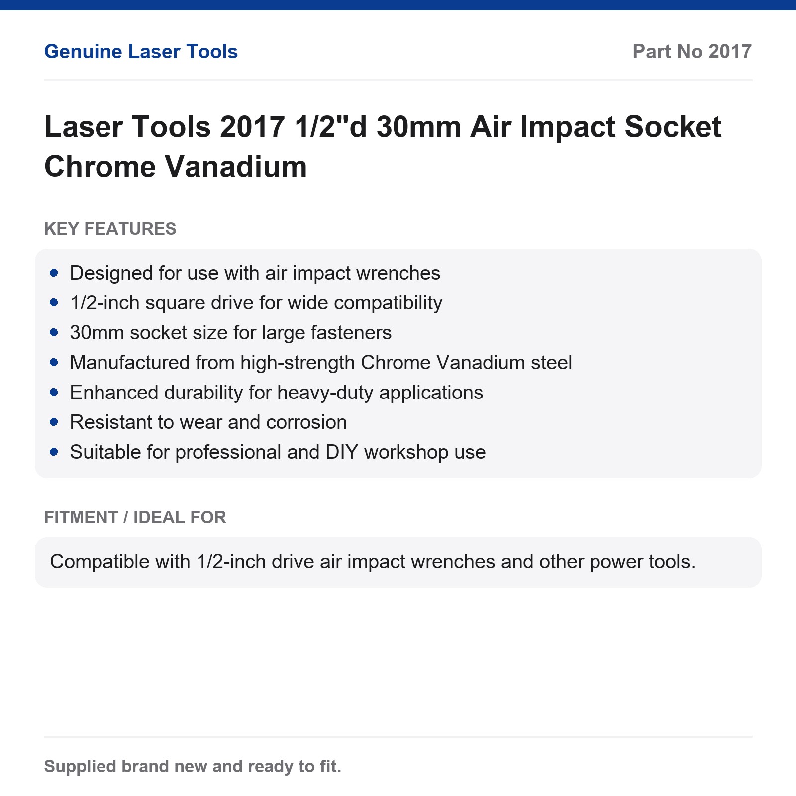 Air Impact Socket 30mm 1/2" Drive Laser Tools 2017 Chrome Vanadium - Image 2