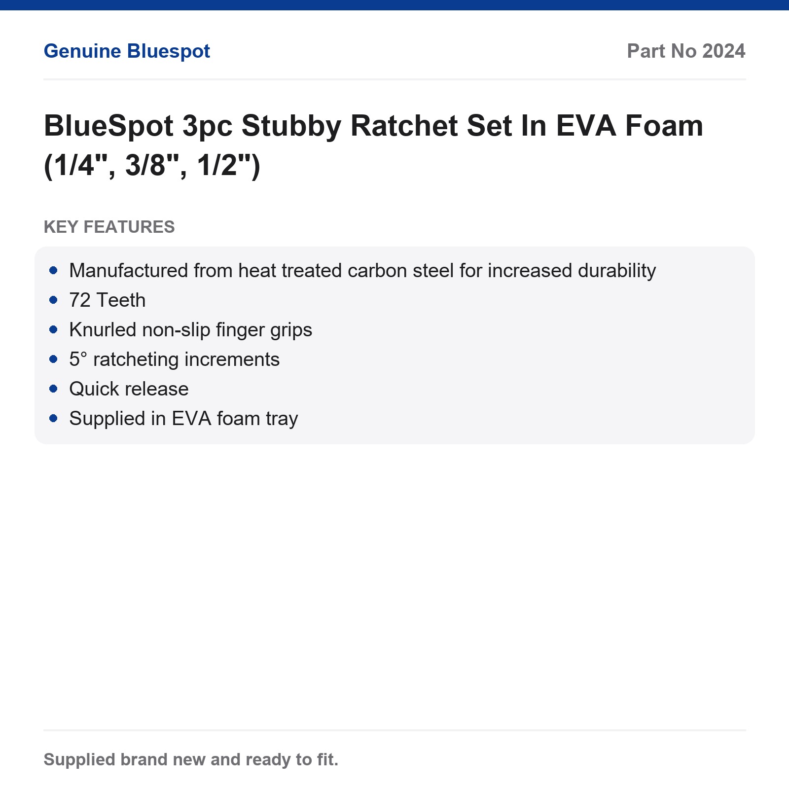 BlueSpot 3pc Stubby Ratchet Set In EVA Foam (1/4", 3/8", 1/2") - Image 4