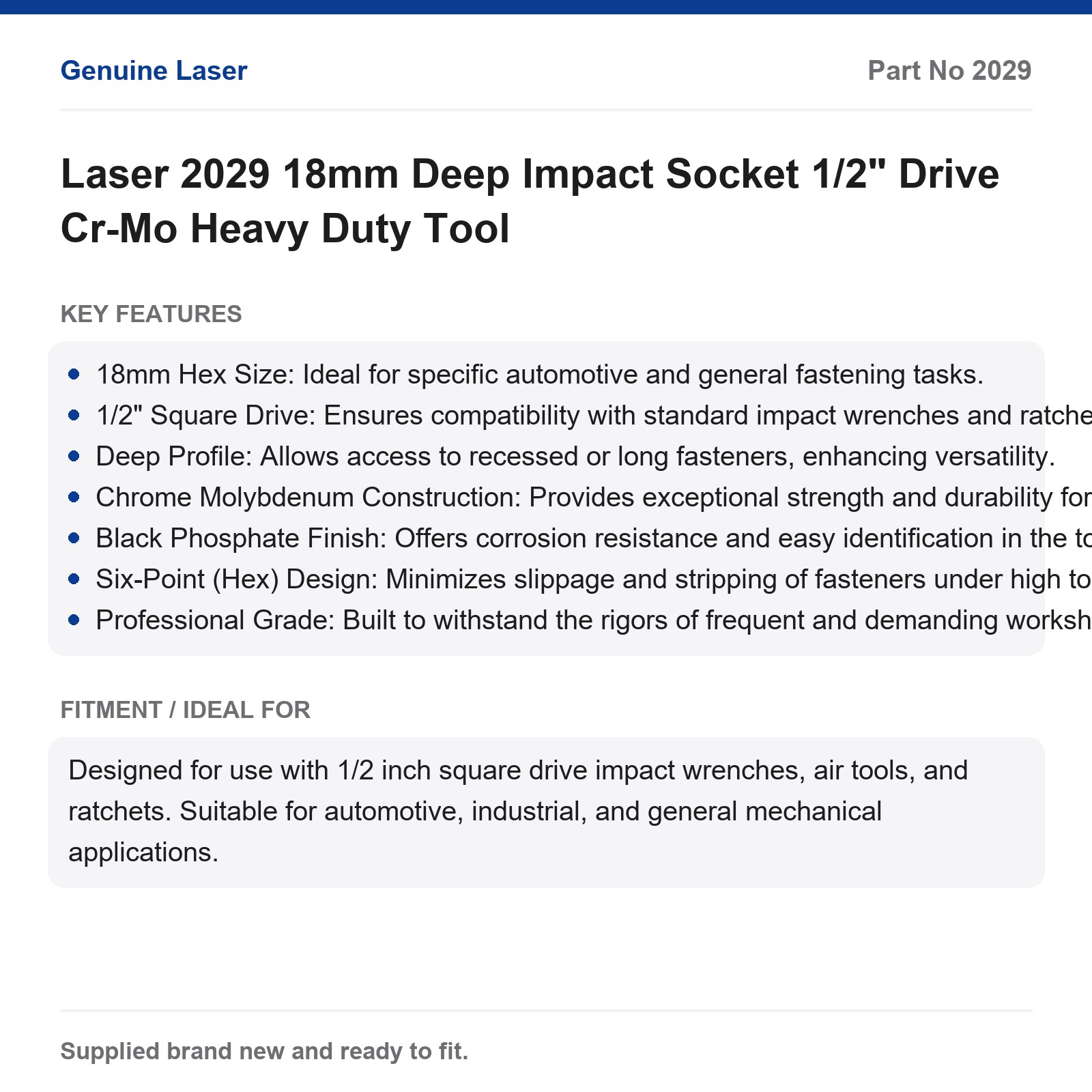 18mm Deep Impact Socket 1/2" Drive Cr-Mo Heavy Duty Laser 2029 - Image 2