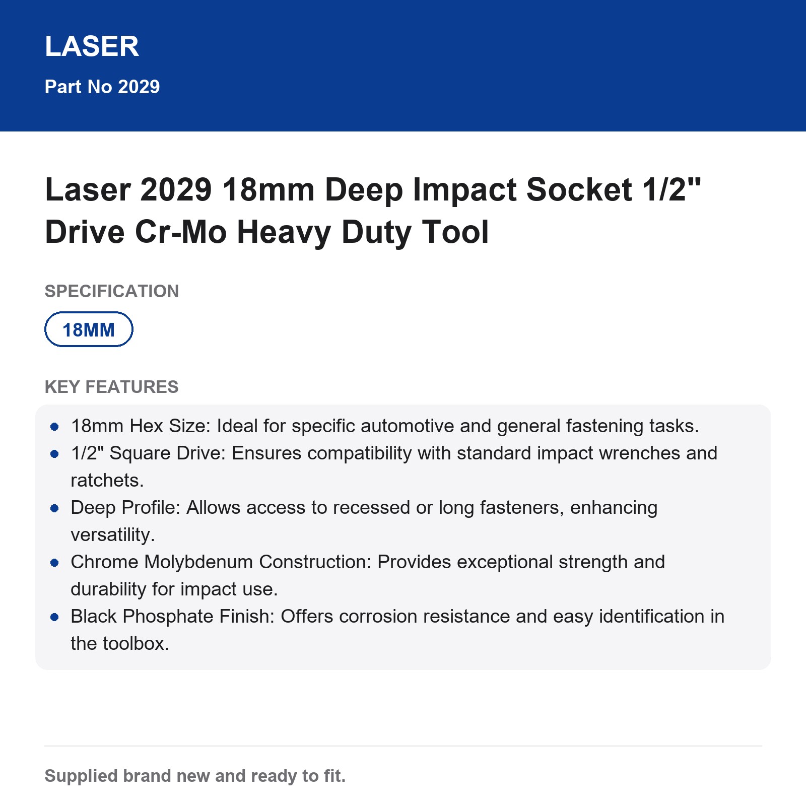 18mm Deep Impact Socket 1/2" Drive Cr-Mo Heavy Duty Laser 2029 - Image 3