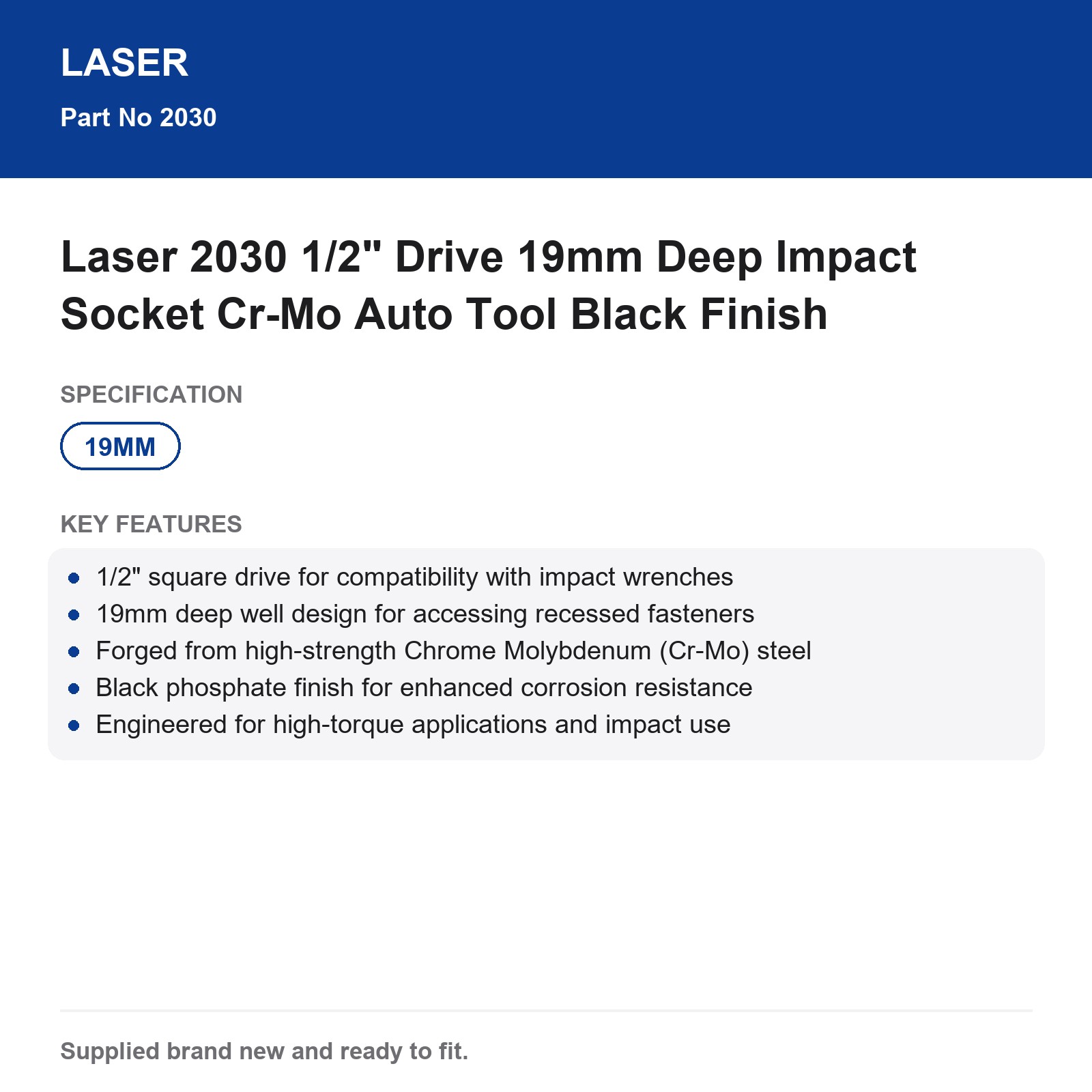 Laser 2030 1/2" Drive 19mm Deep Impact Socket Cr-Mo Auto Tool Black Finish - Image 3