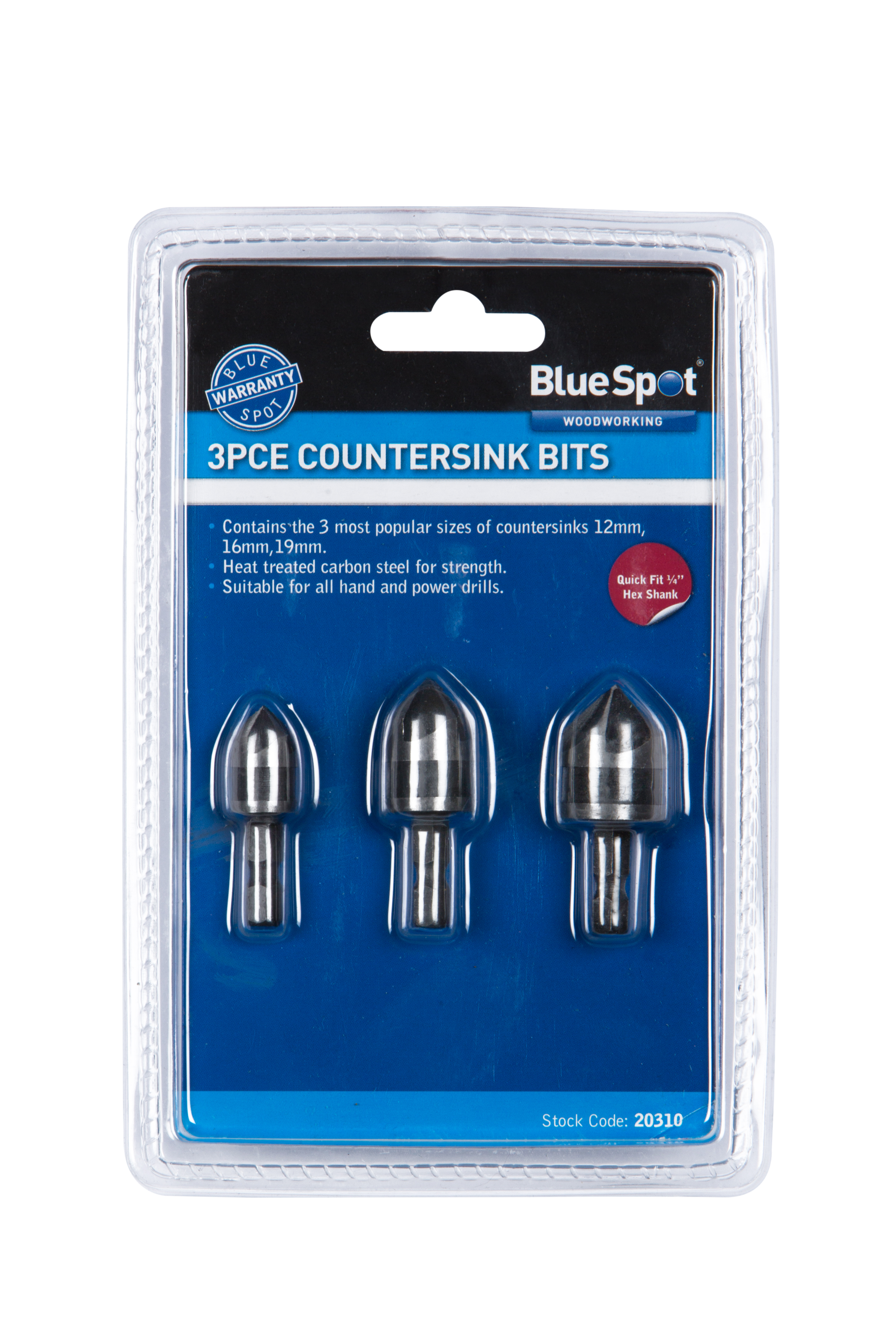 BlueSpot 3pc 6mm (1/4″) Hex Shank Countersink Bit Set