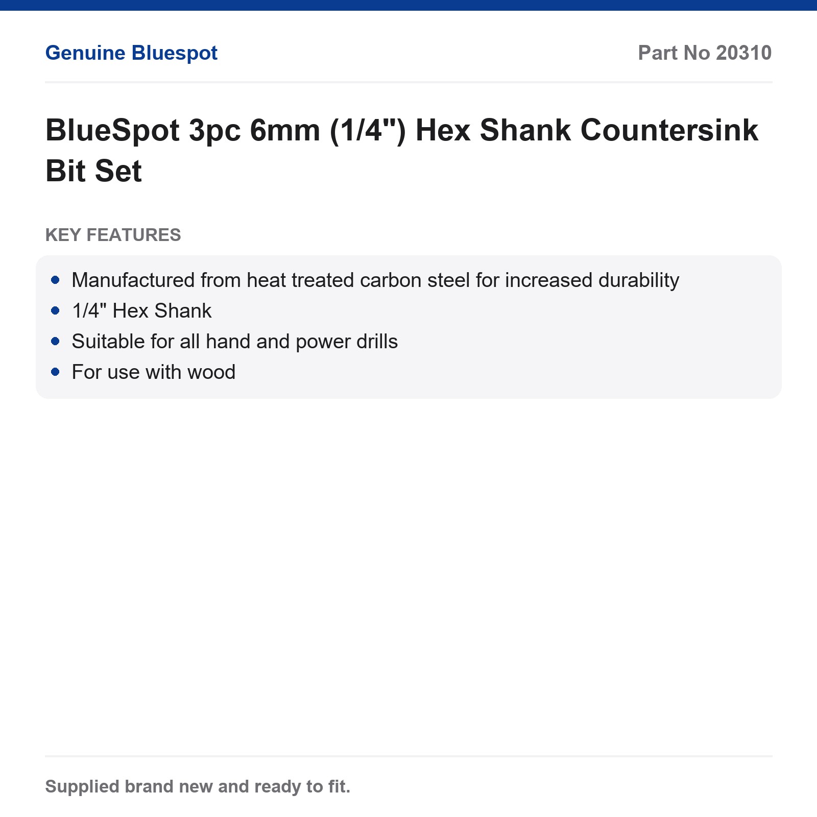 BlueSpot 3pc 6mm (1/4") Hex Shank Countersink Bit Set - Image 3