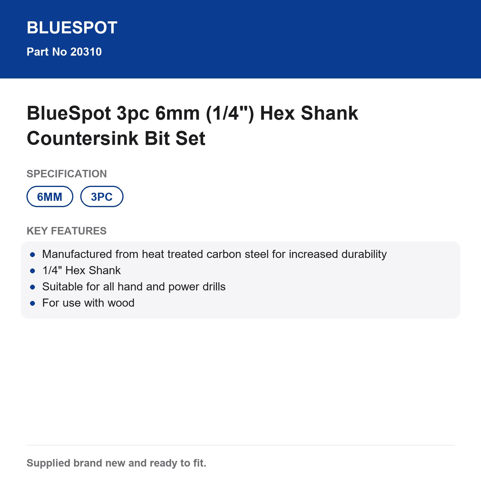 BlueSpot 3pc 6mm (1/4") Hex Shank Countersink Bit Set - Image 4