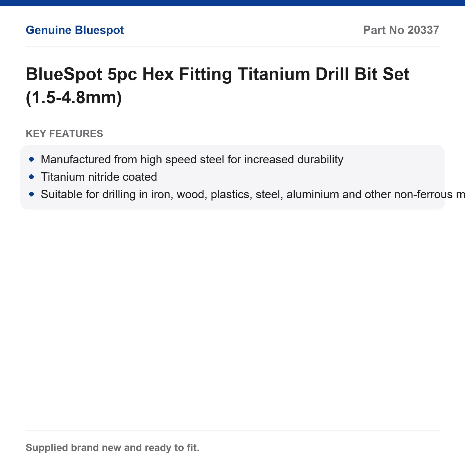 BlueSpot Titanium Hex Drill Bit Set 5pc 1.5-4.8mm - Image 4