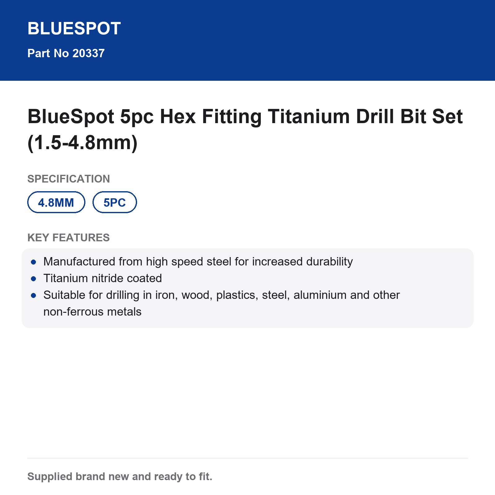 BlueSpot Titanium Hex Drill Bit Set 5pc 1.5-4.8mm - Image 5