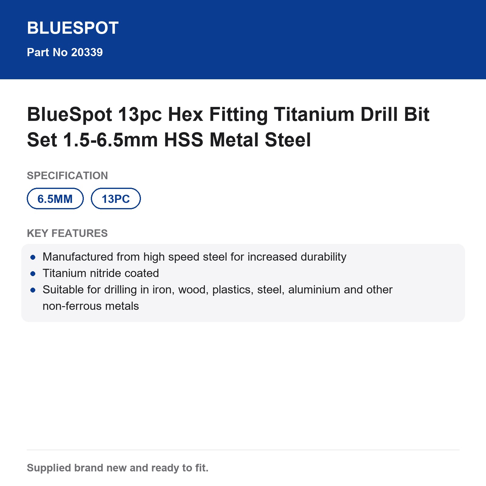 BlueSpot 13pc Hex Titanium HSS Drill Bit Set 1.5-6.5mm for Metal - Image 5