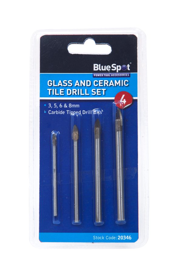 BlueSpot 4pc Carbide Drill Bit Set Tile Glass Mirror 3-8mm