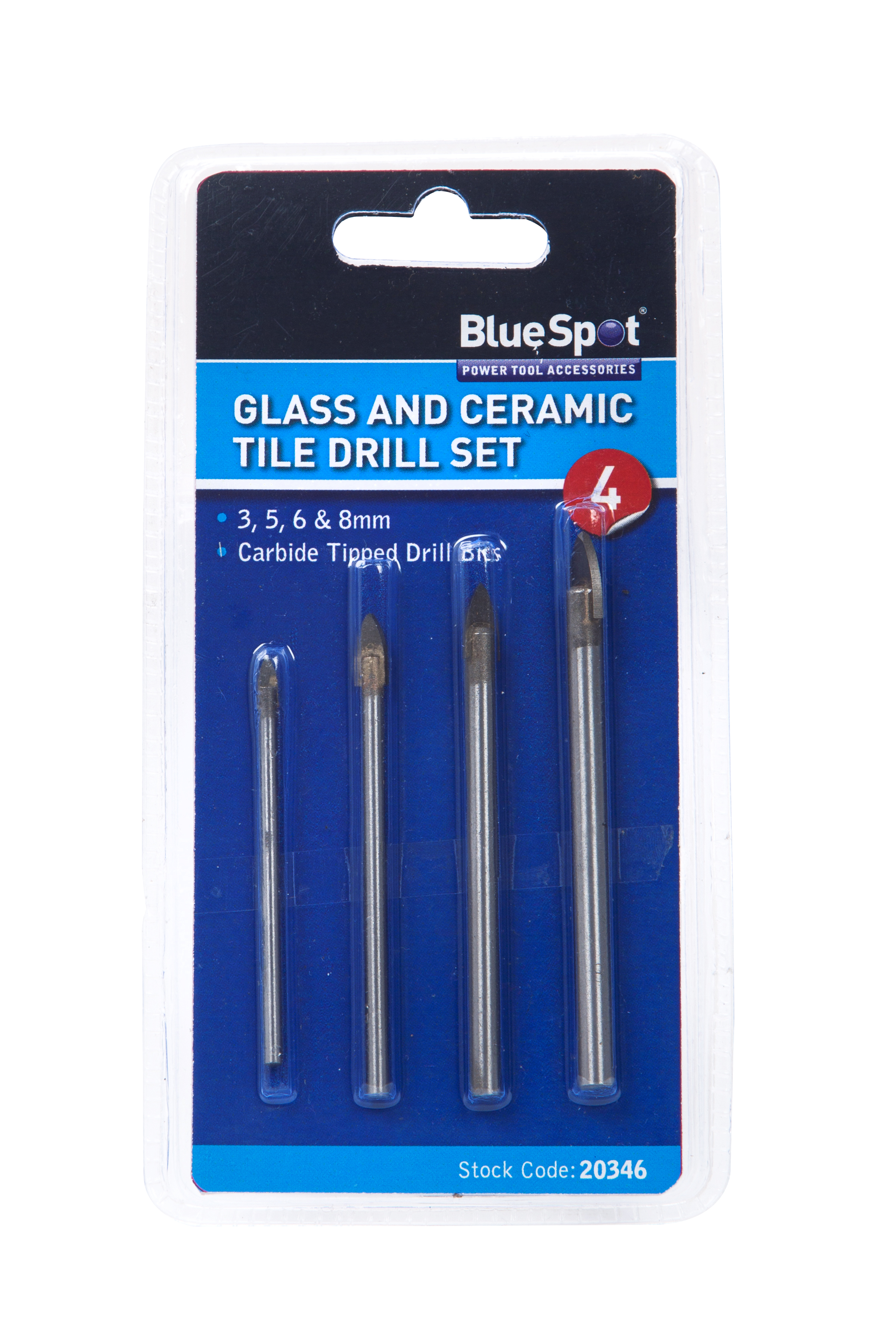 BlueSpot 4pc Carbide Drill Bit Set Tile Glass Mirror 3-8mm