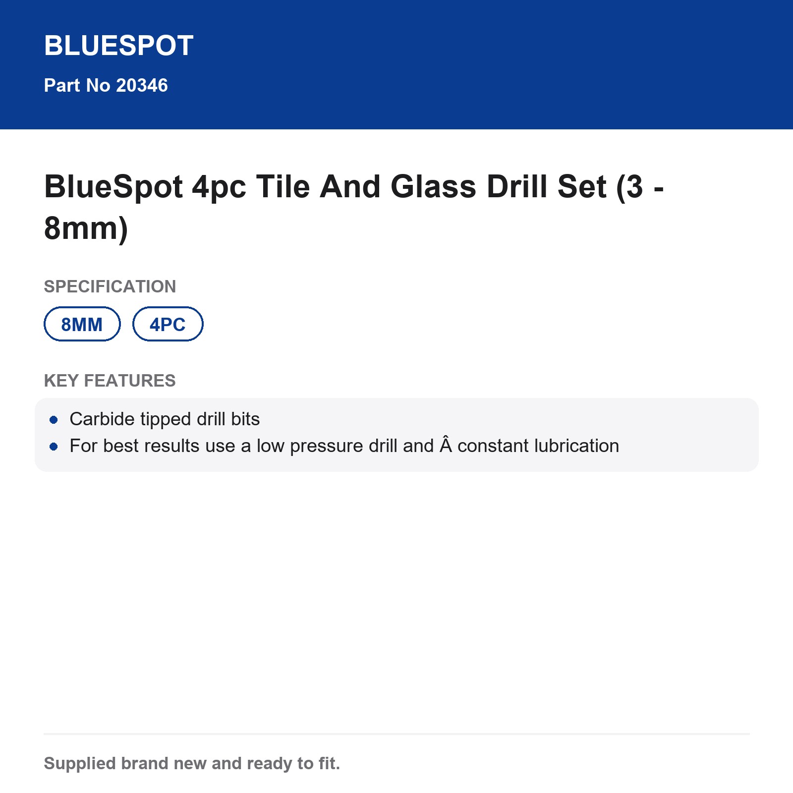 BlueSpot 4pc Carbide Drill Bit Set Tile Glass Mirror 3-8mm - Image 4