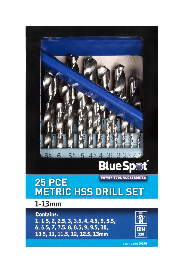 BlueSpot 25pc HSS Drill Bit Set 1-13mm Ground Flute Metal Case Multi-Material