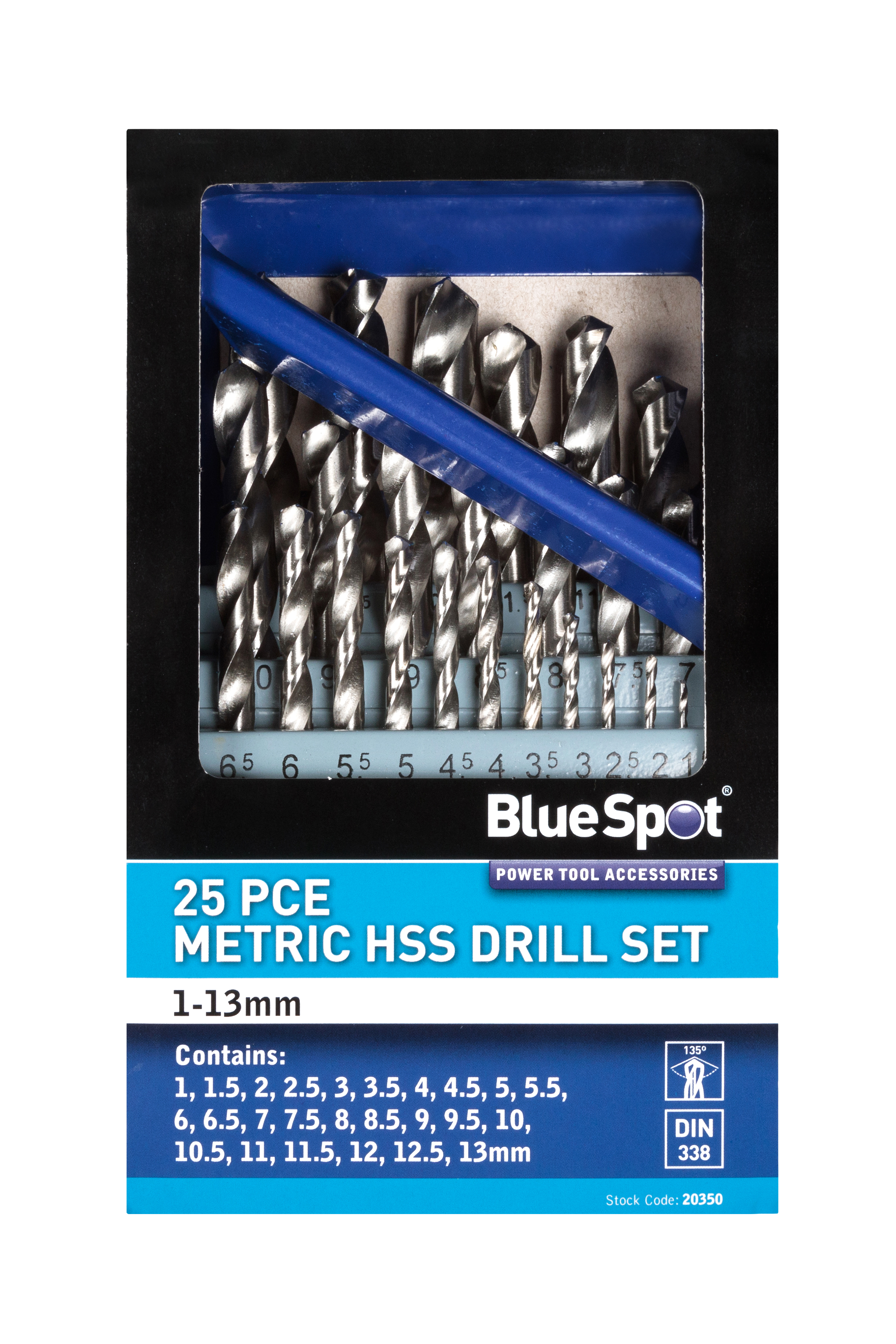 BlueSpot 25pc HSS Drill Bit Set 1-13mm Ground Flute Metal Case Multi-Material