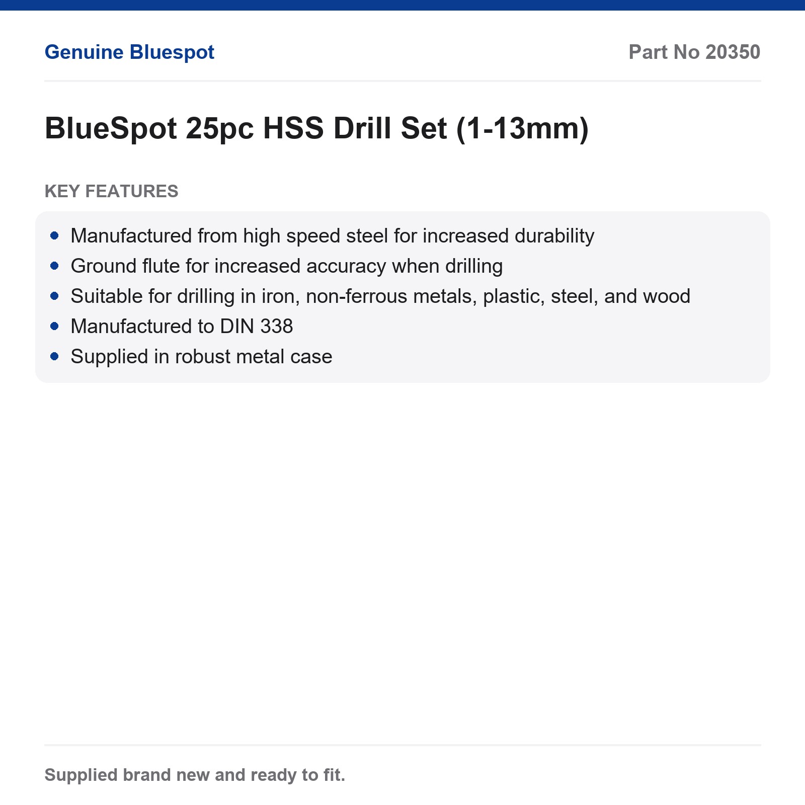 BlueSpot 25pc HSS Drill Bit Set 1-13mm Ground Flute Metal Case Multi-Material - Image 3