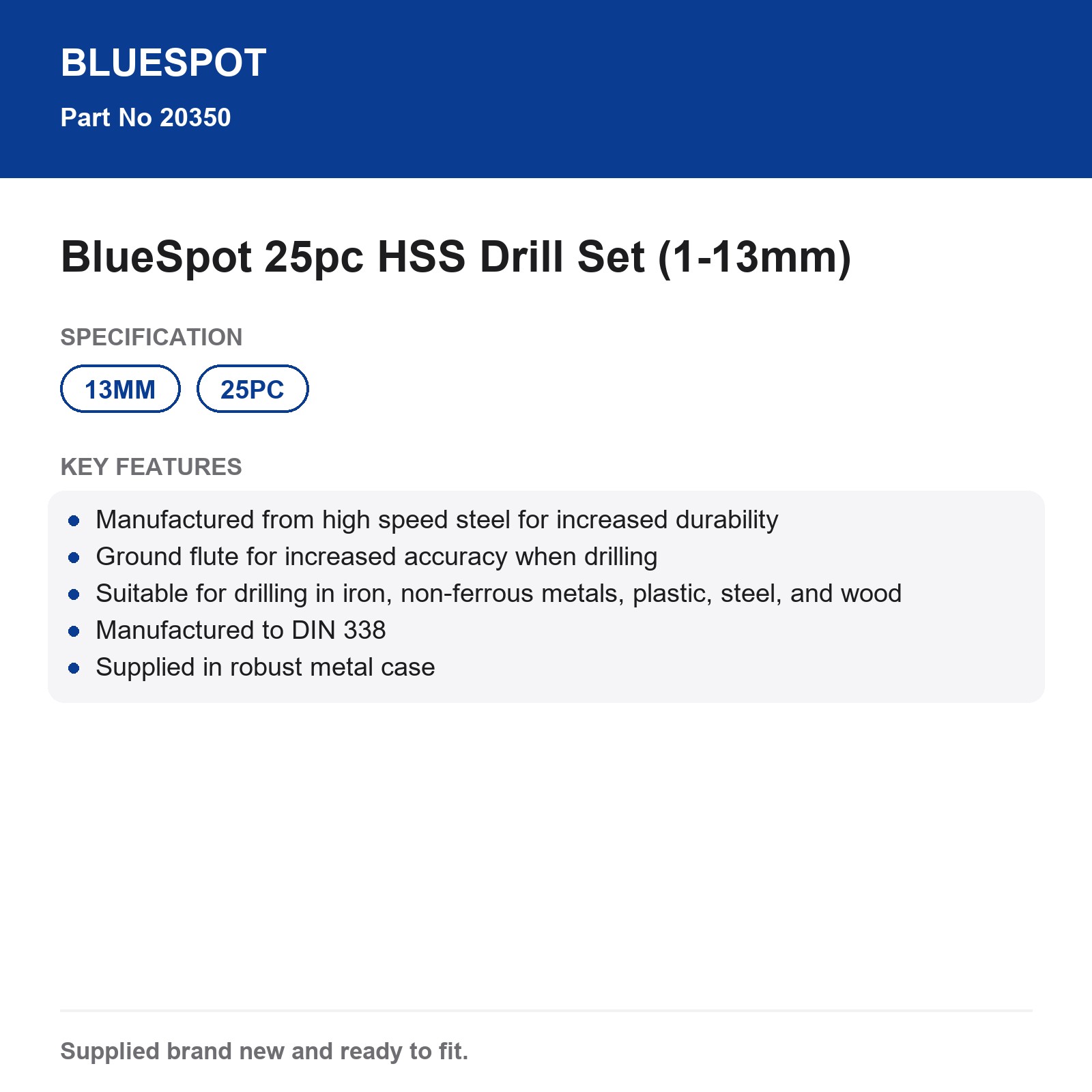 BlueSpot 25pc HSS Drill Bit Set 1-13mm Ground Flute Metal Case Multi-Material - Image 4