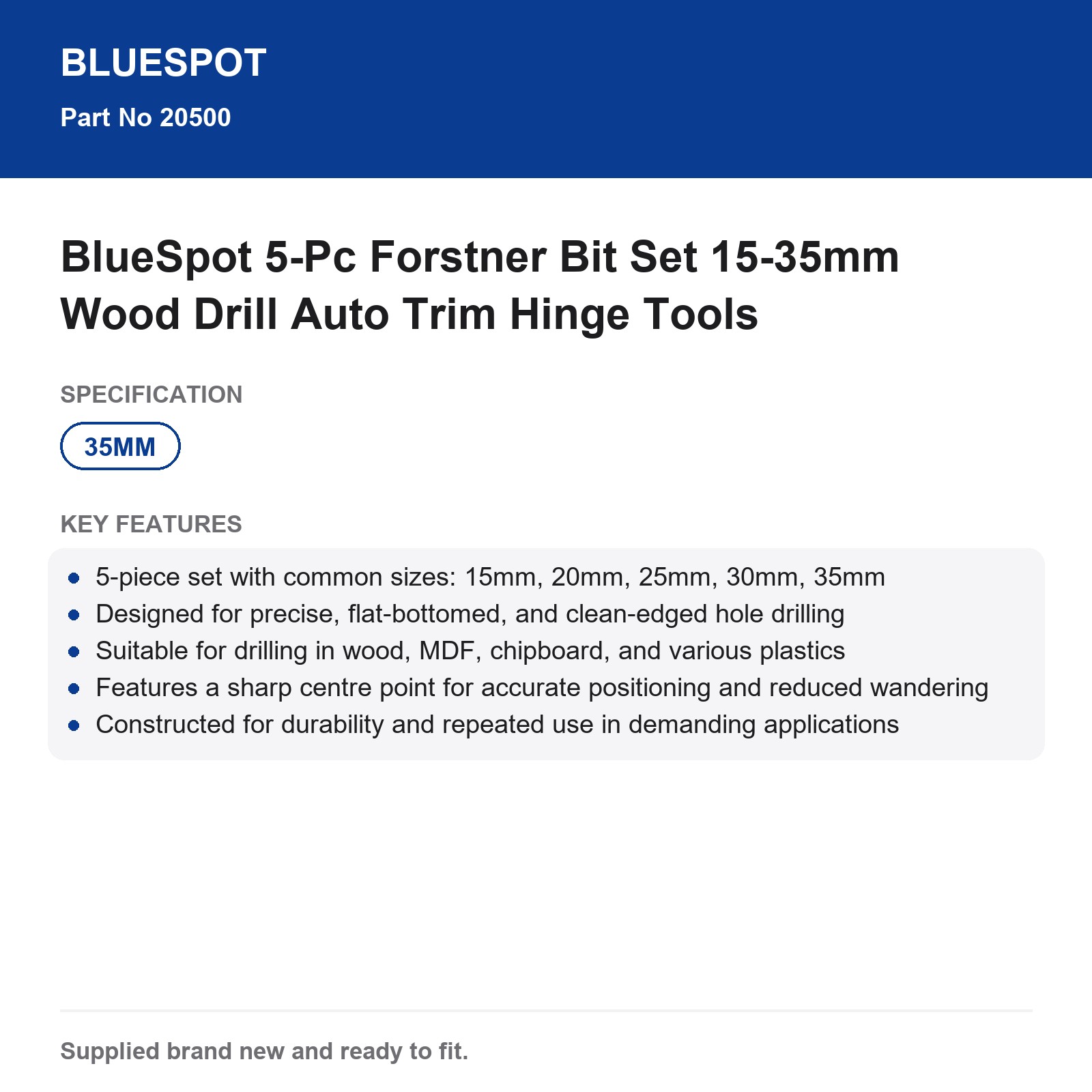 BlueSpot 5-Pc Forstner Bit Set 15-35mm Wood Drill Auto Trim Hinge Tools - Image 5