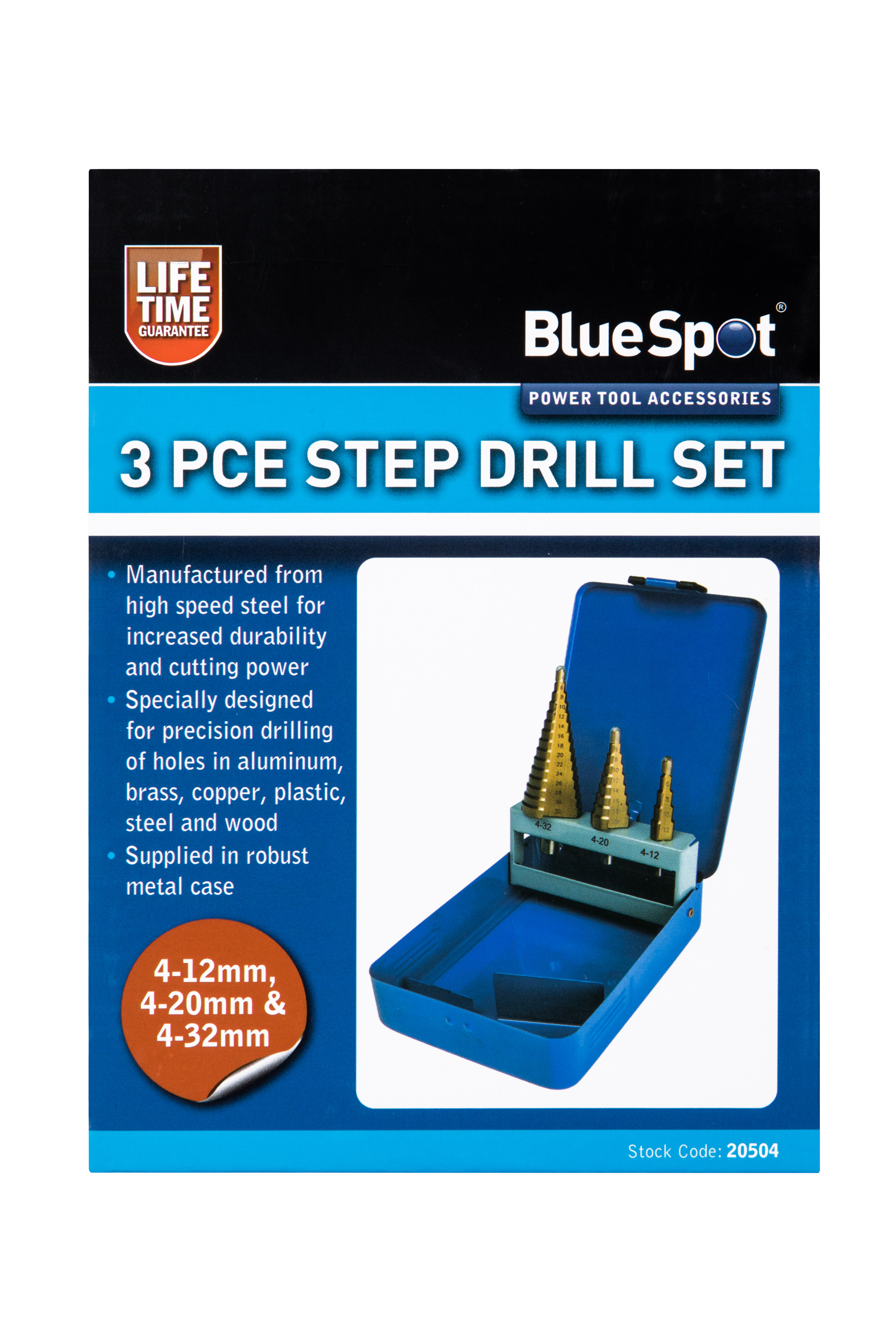 BlueSpot 3pc HSS Step Drill Set 4-32mm Titanium Coated - Image 2