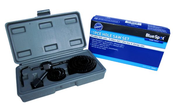 BlueSpot Hole Saw Set 11pc 19-64mm Carbon Steel Metal Plasterboard Plastic Wood