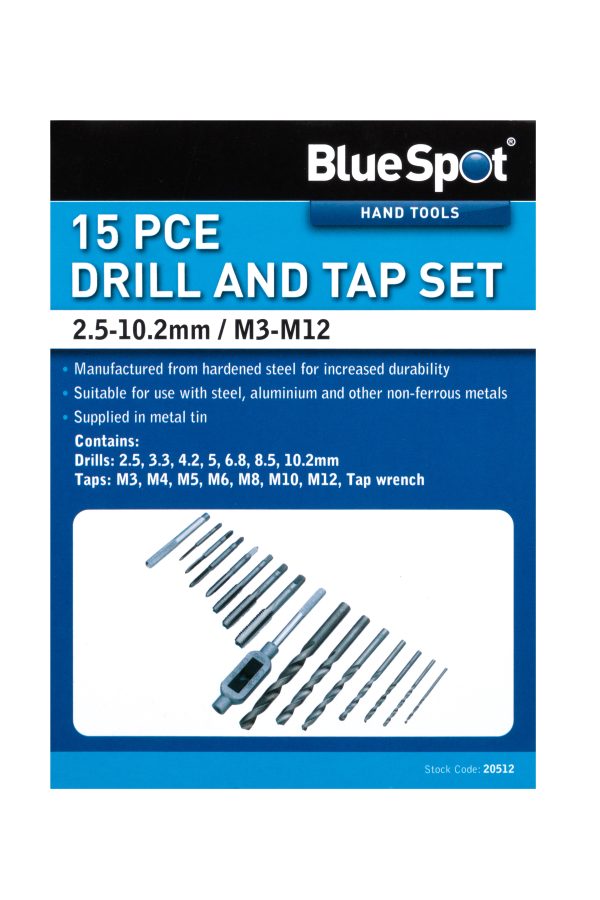 BlueSpot 15pc Drill and Tap Set M3-M12 2.5-10.2mm Thread Repair Metric