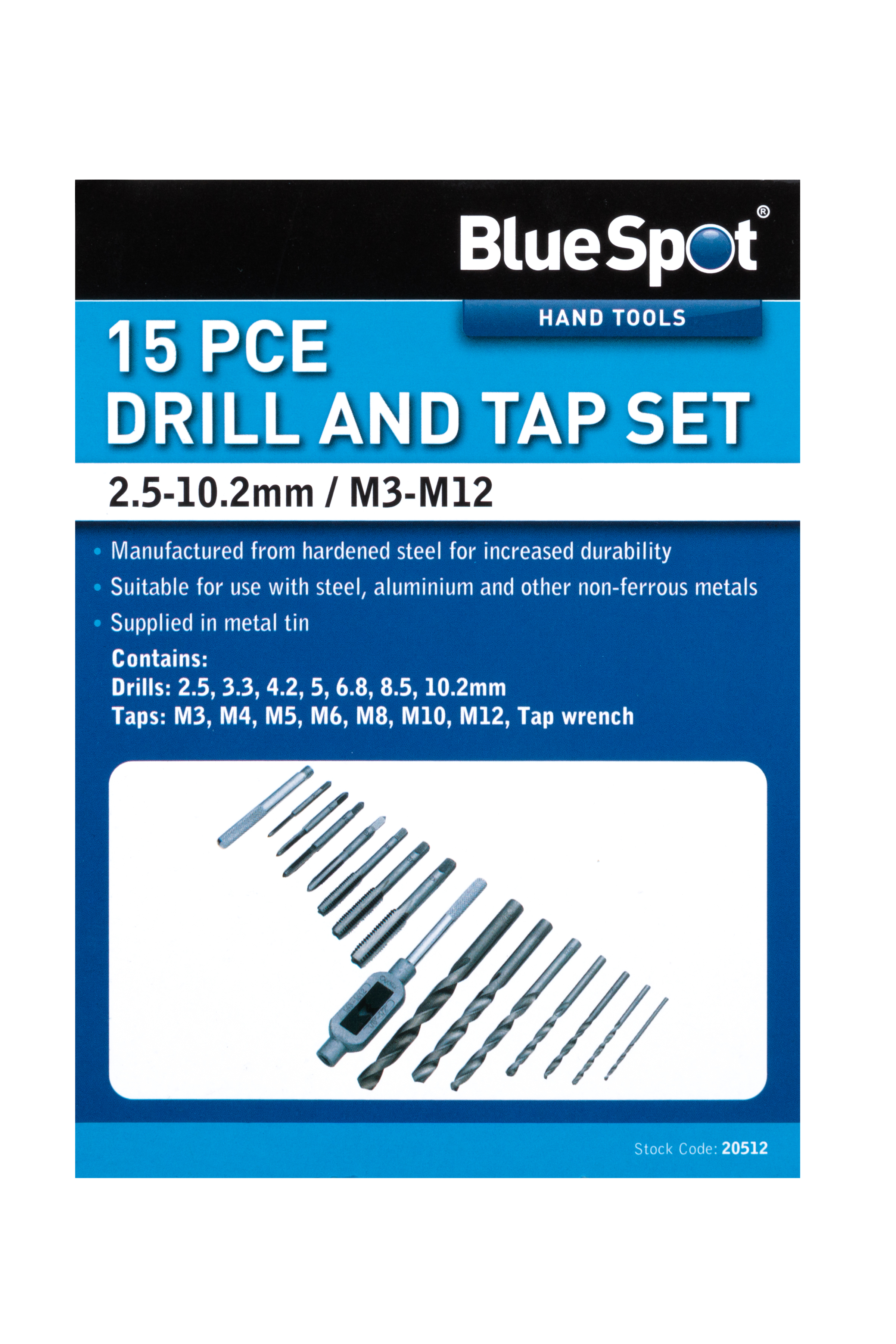 BlueSpot 15pc Drill and Tap Set M3-M12 2.5-10.2mm Thread Repair Metric