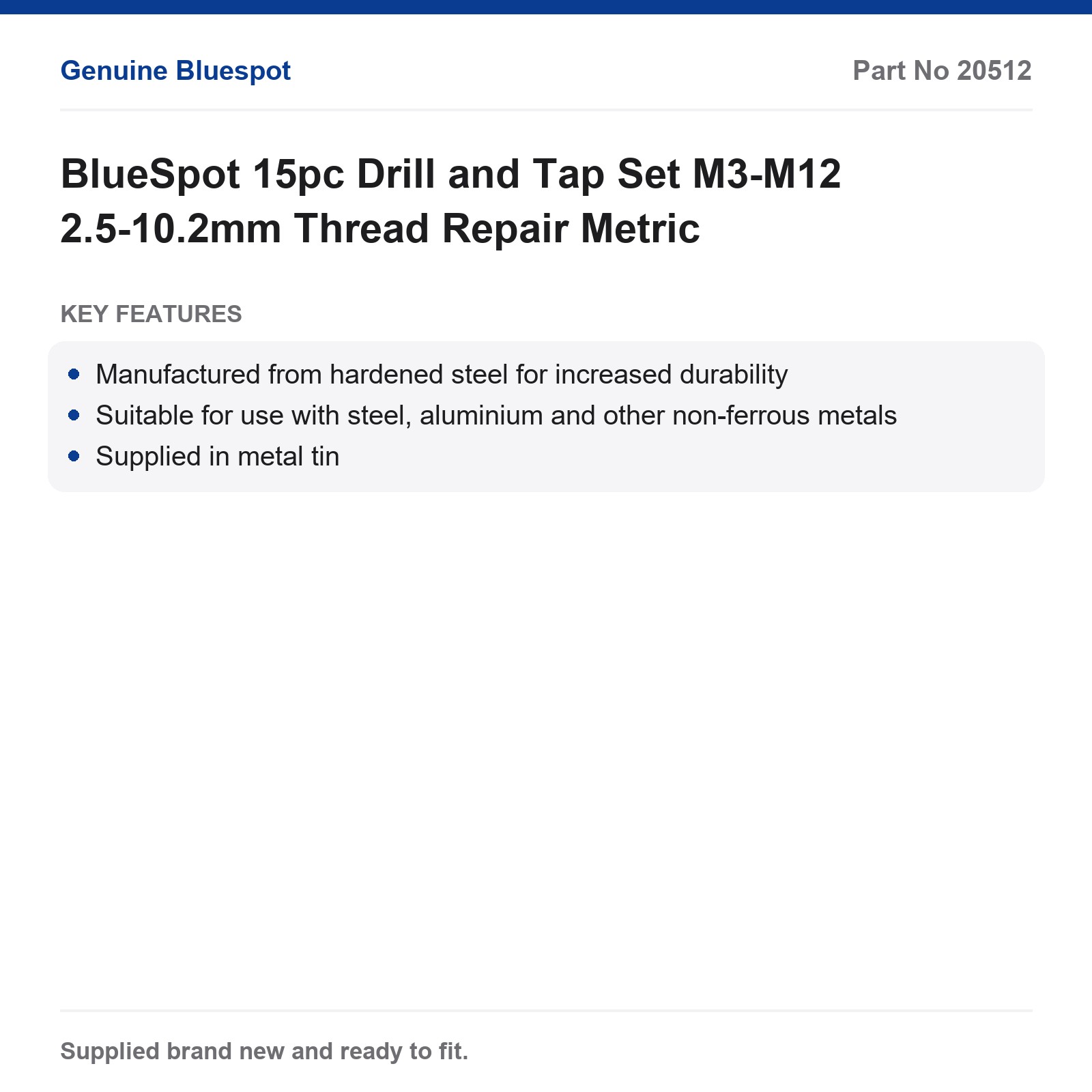 BlueSpot 15pc Drill and Tap Set M3-M12 2.5-10.2mm Thread Repair Metric - Image 4