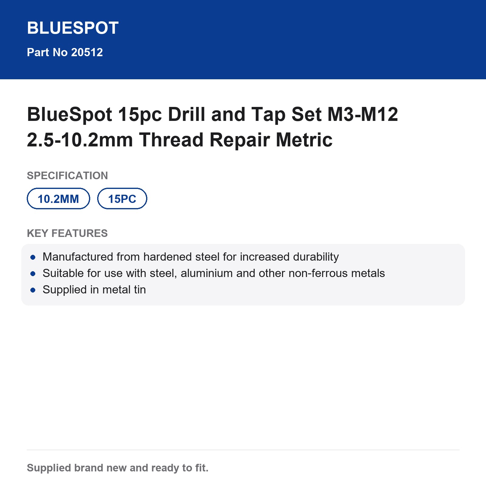 BlueSpot 15pc Drill and Tap Set M3-M12 2.5-10.2mm Thread Repair Metric - Image 5