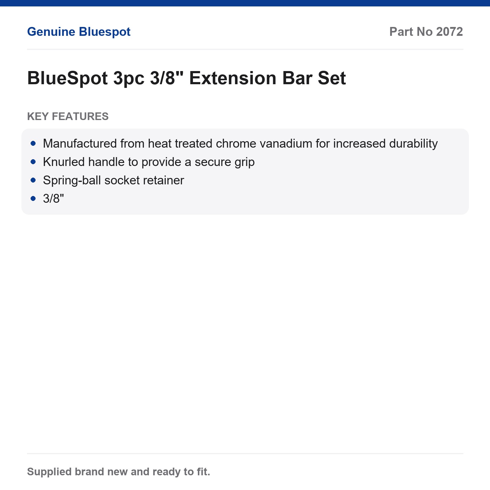 BlueSpot 3pc 3/8" Chrome Vanadium Extension Set Heat Treated Knurled Spring-Ball - Image 3
