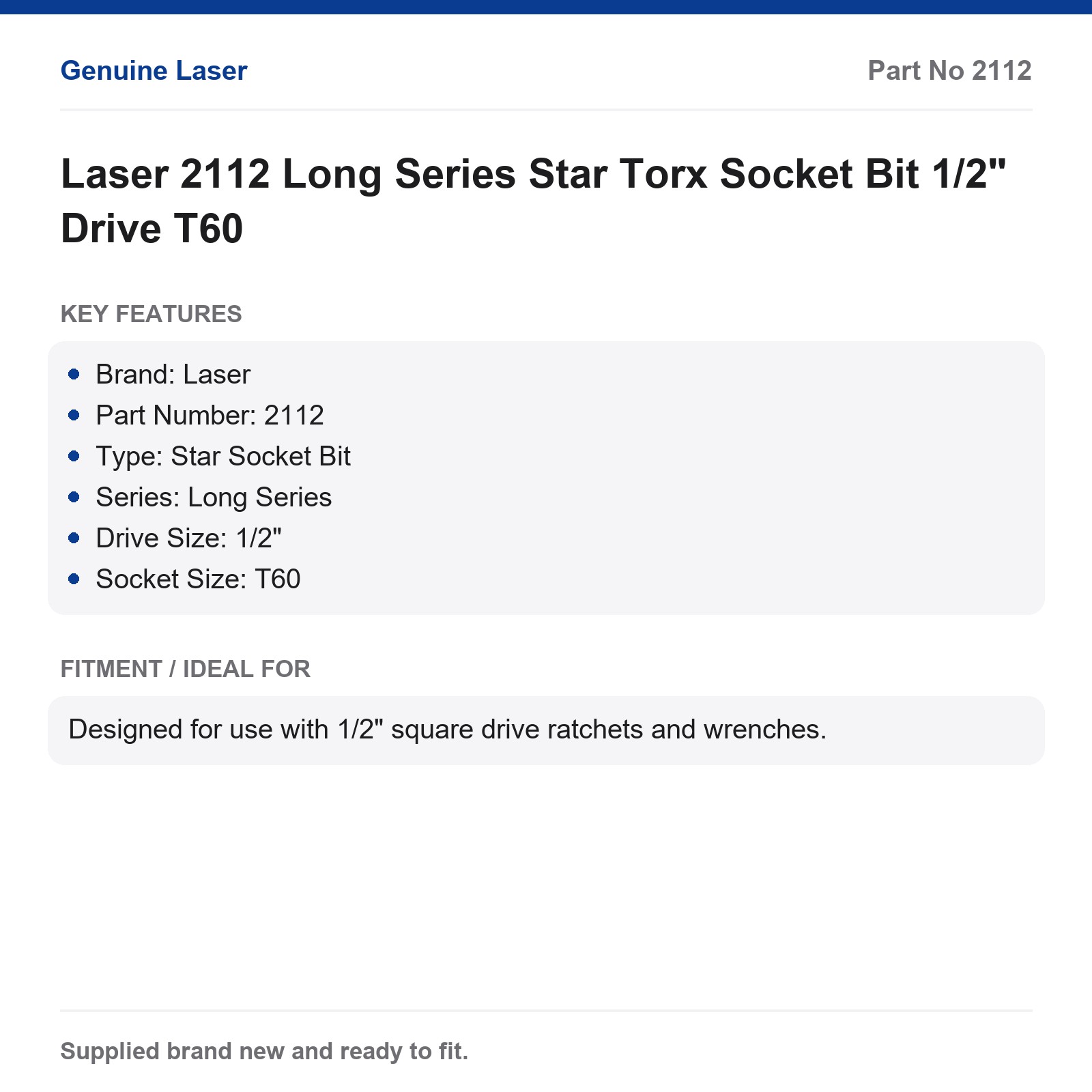 Laser 2112 T60 Torx Star Socket Bit 1/2" Drive Long Series - Image 3