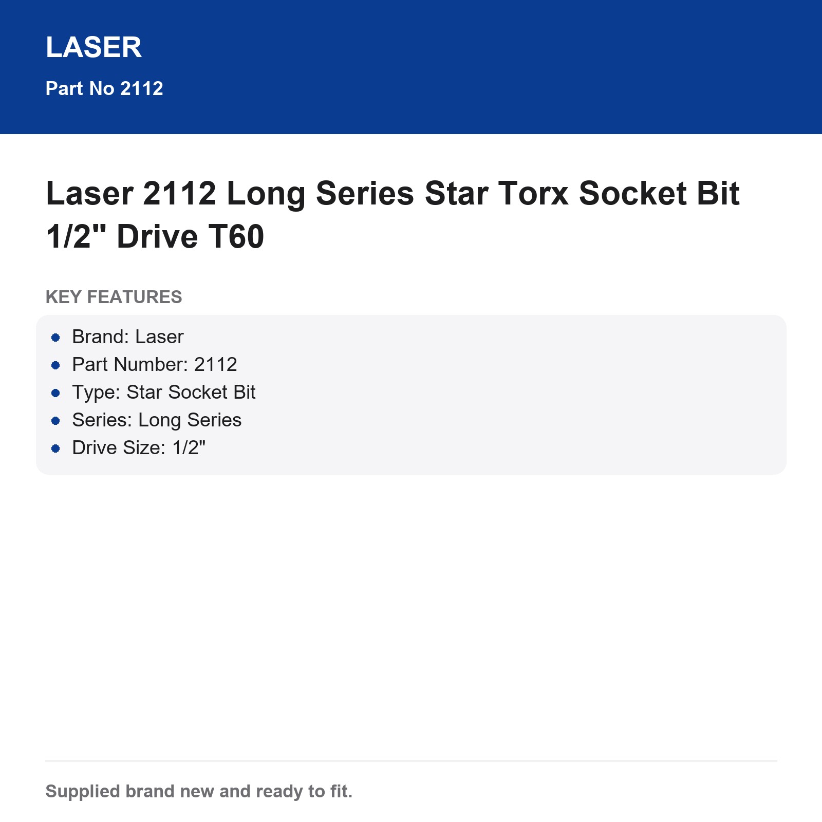 Laser 2112 T60 Torx Star Socket Bit 1/2" Drive Long Series - Image 4