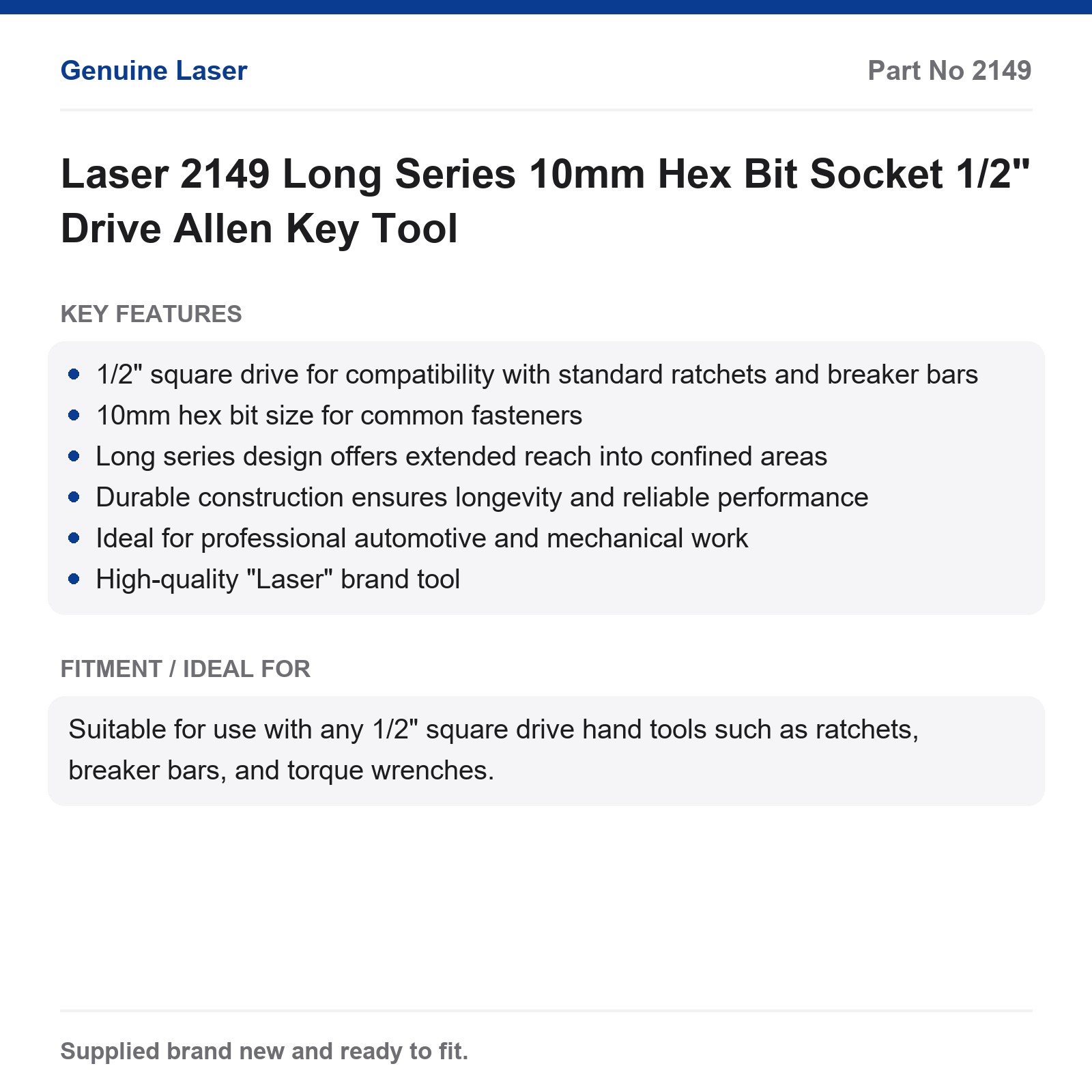 Laser 2149 10mm Hex Bit Socket 1/2" Drive Long Series - Image 2