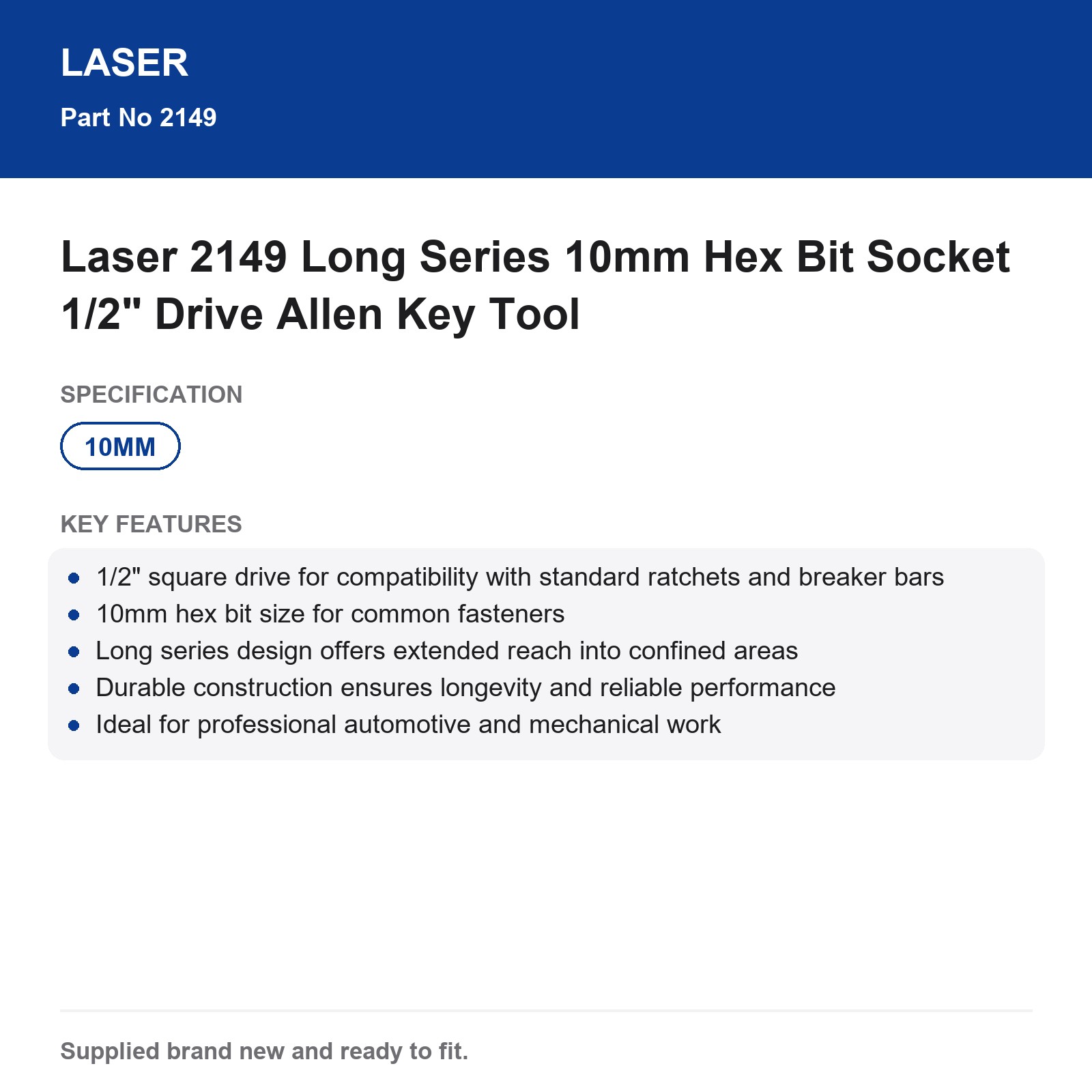 Laser 2149 10mm Hex Bit Socket 1/2" Drive Long Series - Image 3