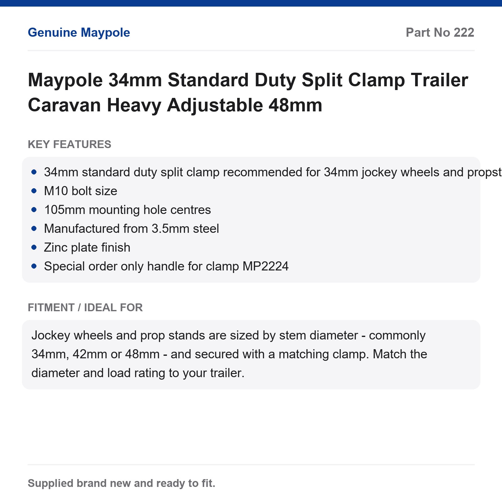 Maypole 34mm Standard Duty Split Clamp Trailer Caravan Jockey Wheel Propstand - Image 5