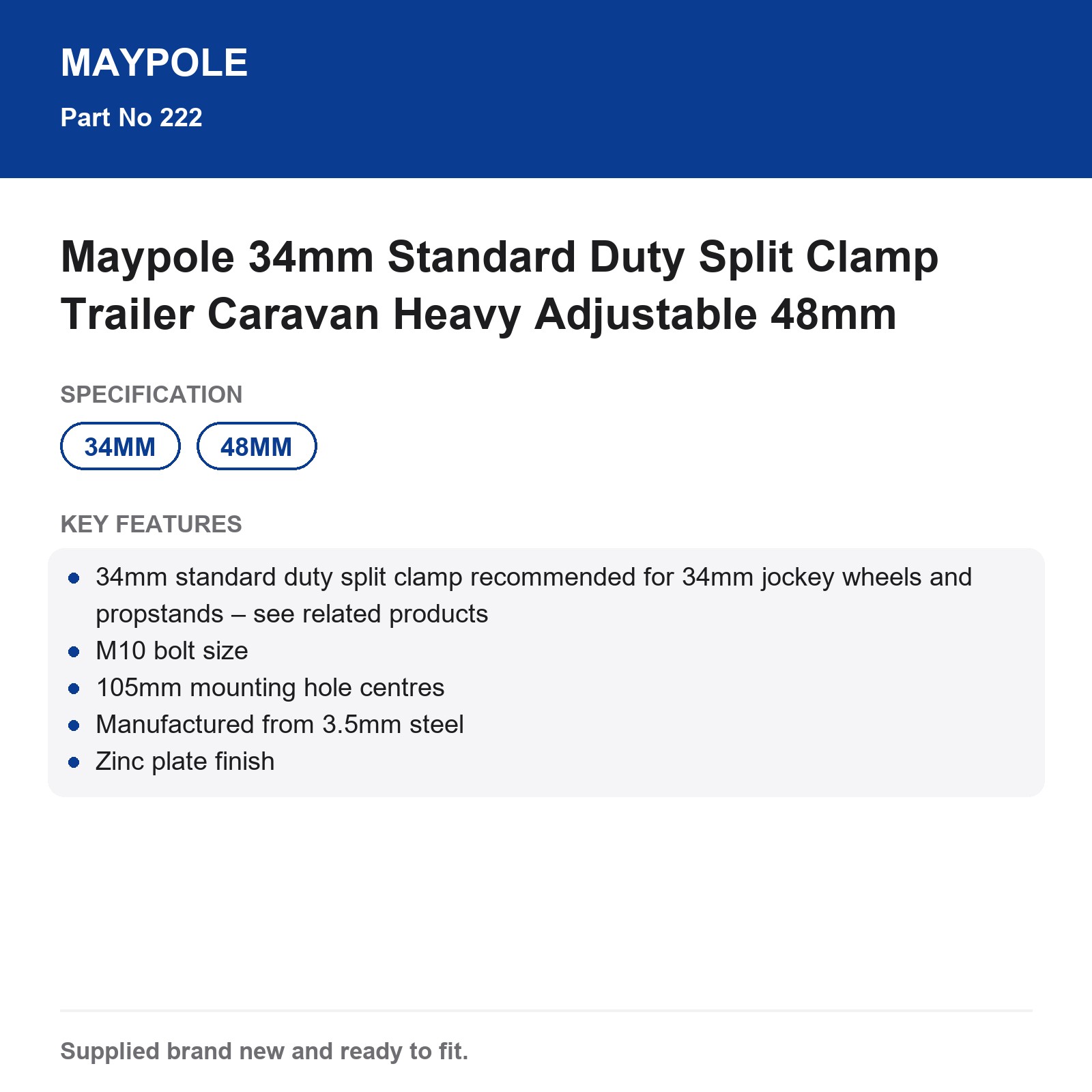 Maypole 34mm Standard Duty Split Clamp Trailer Caravan Jockey Wheel Propstand - Image 6