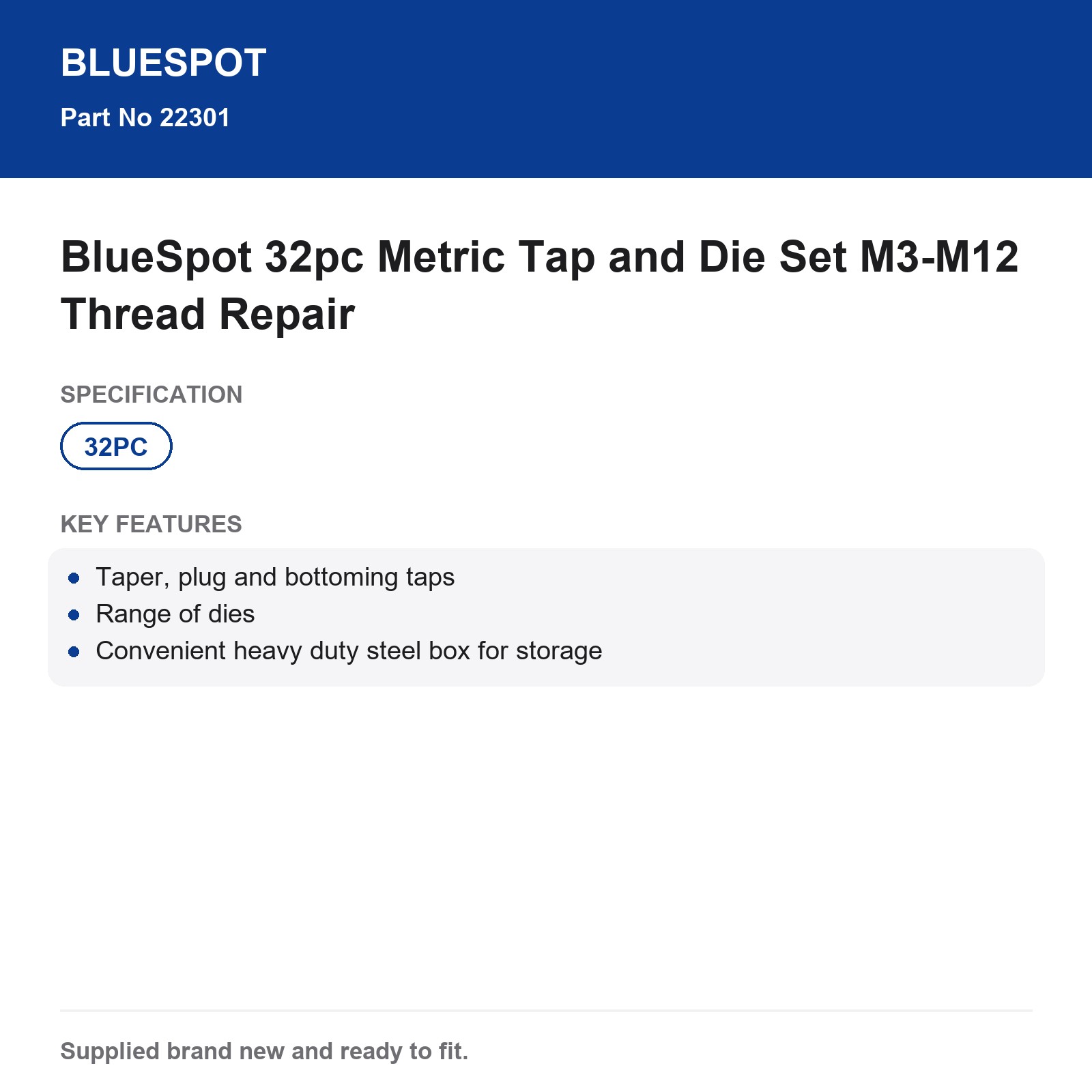 BlueSpot 32pc Metric Tap and Die Set M3-M12 Thread Repair - Image 5