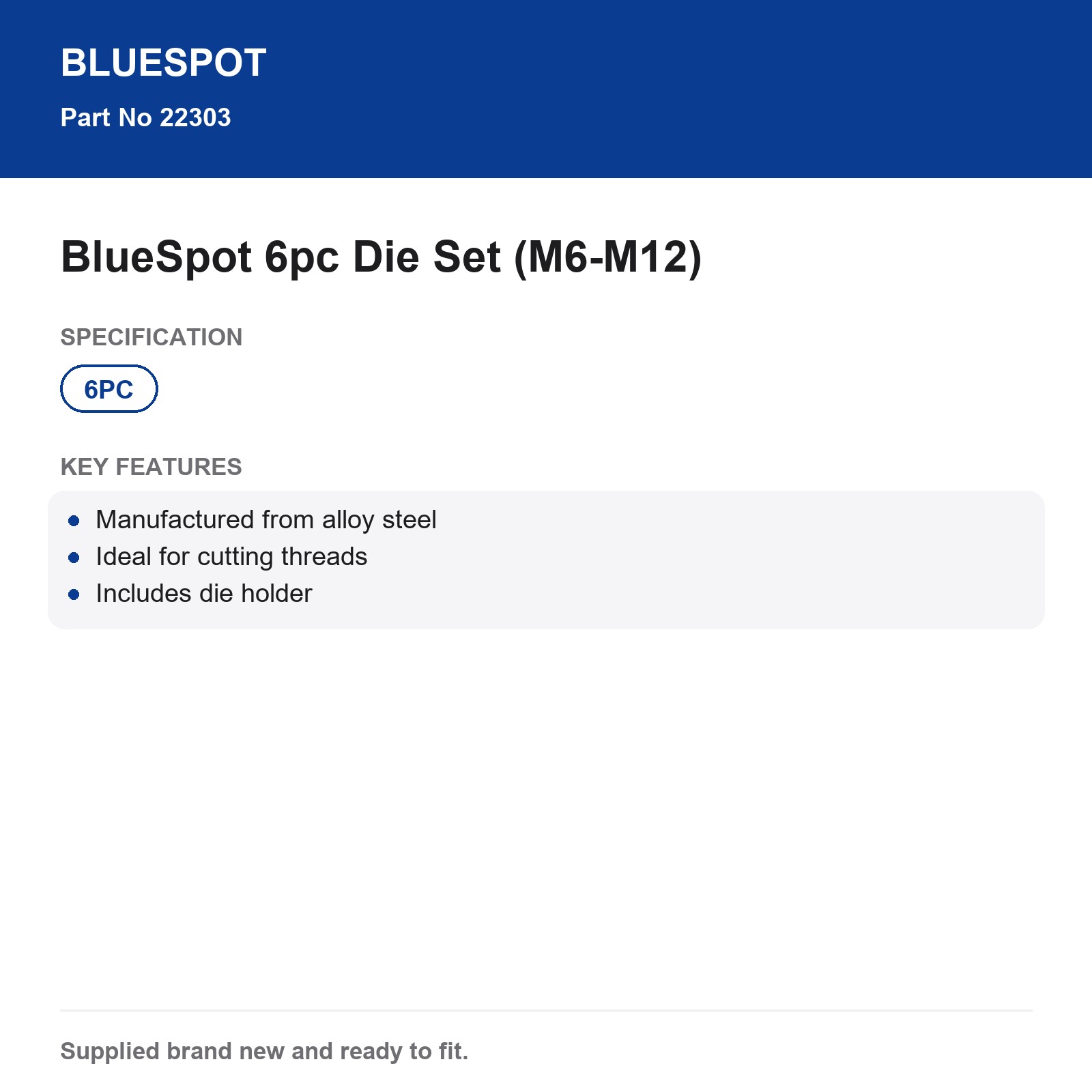Blue Spot Tools 6pc M6-M12 Alloy Steel Die Set Hand Tool & Holder Thread Cutting - Image 4