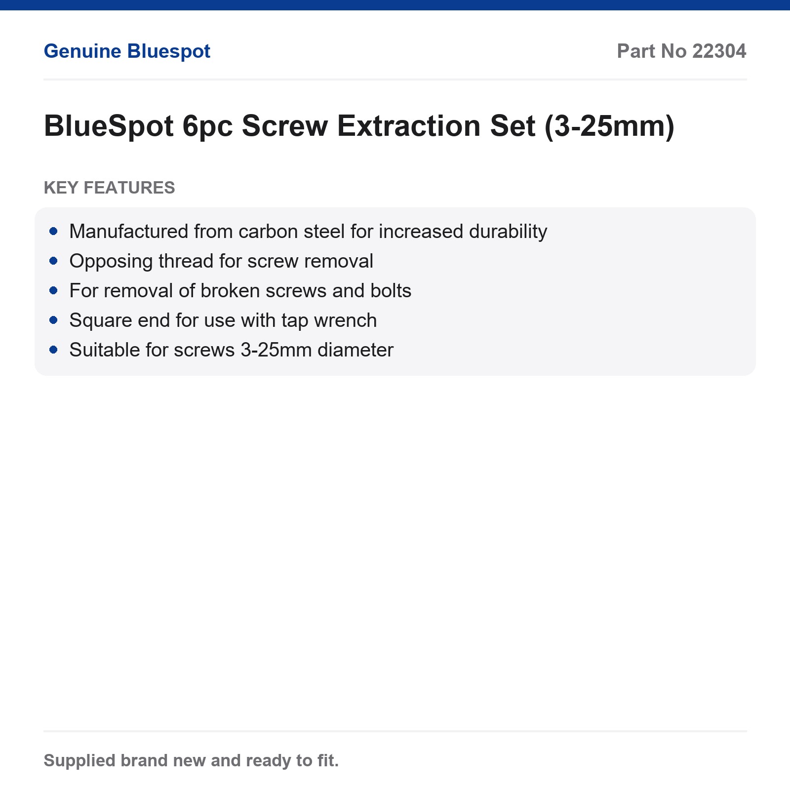 Damaged Screw Bolt Extractor BlueSpot Reverse Thread Carbon Steel 6pc 3-25mm - Image 3