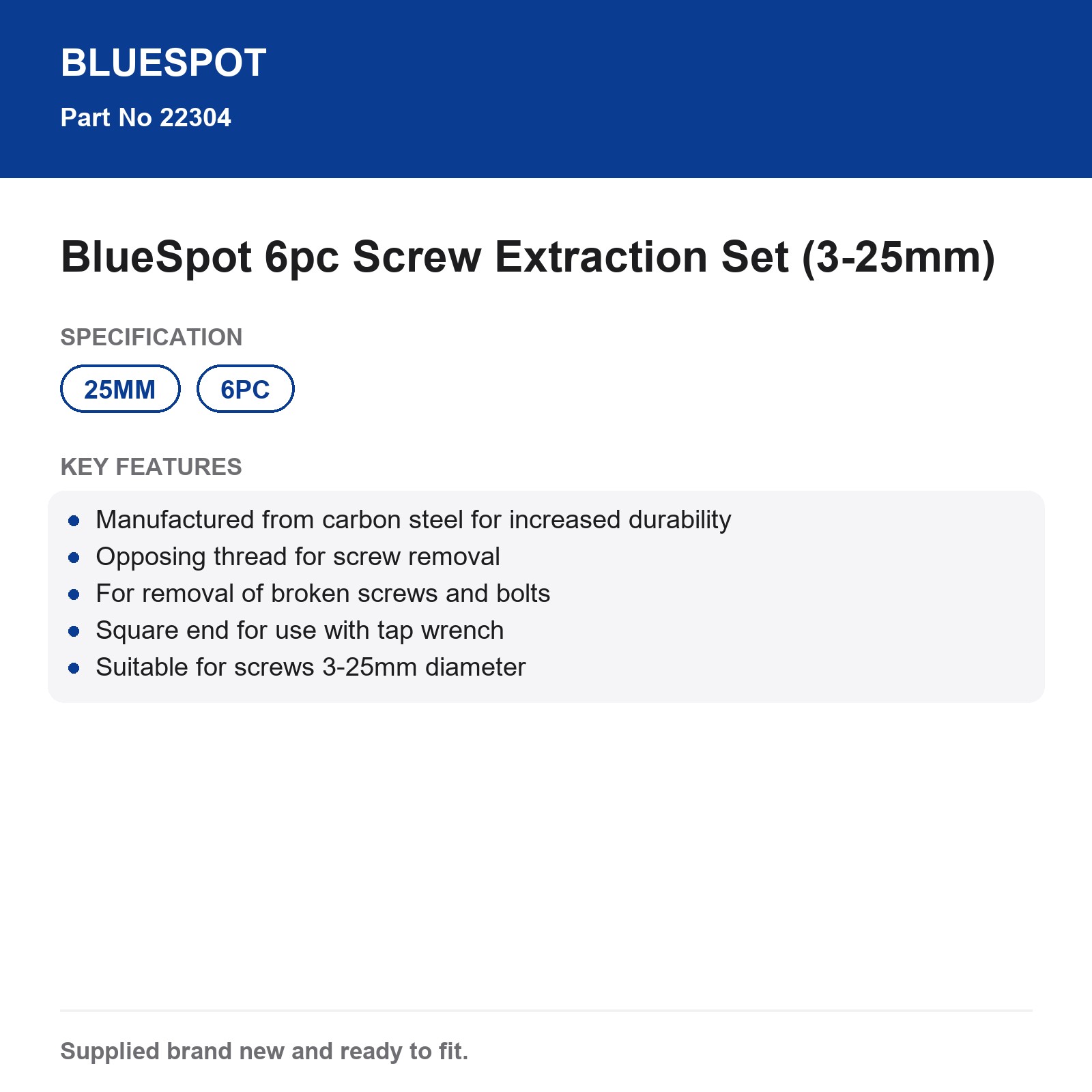 Damaged Screw Bolt Extractor BlueSpot Reverse Thread Carbon Steel 6pc 3-25mm - Image 4