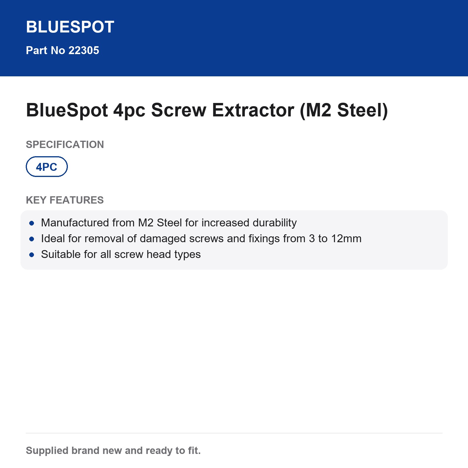 Bluespot Damaged Screw Extractor Remover 4pc M2 Steel 3-12mm All Types - Image 4