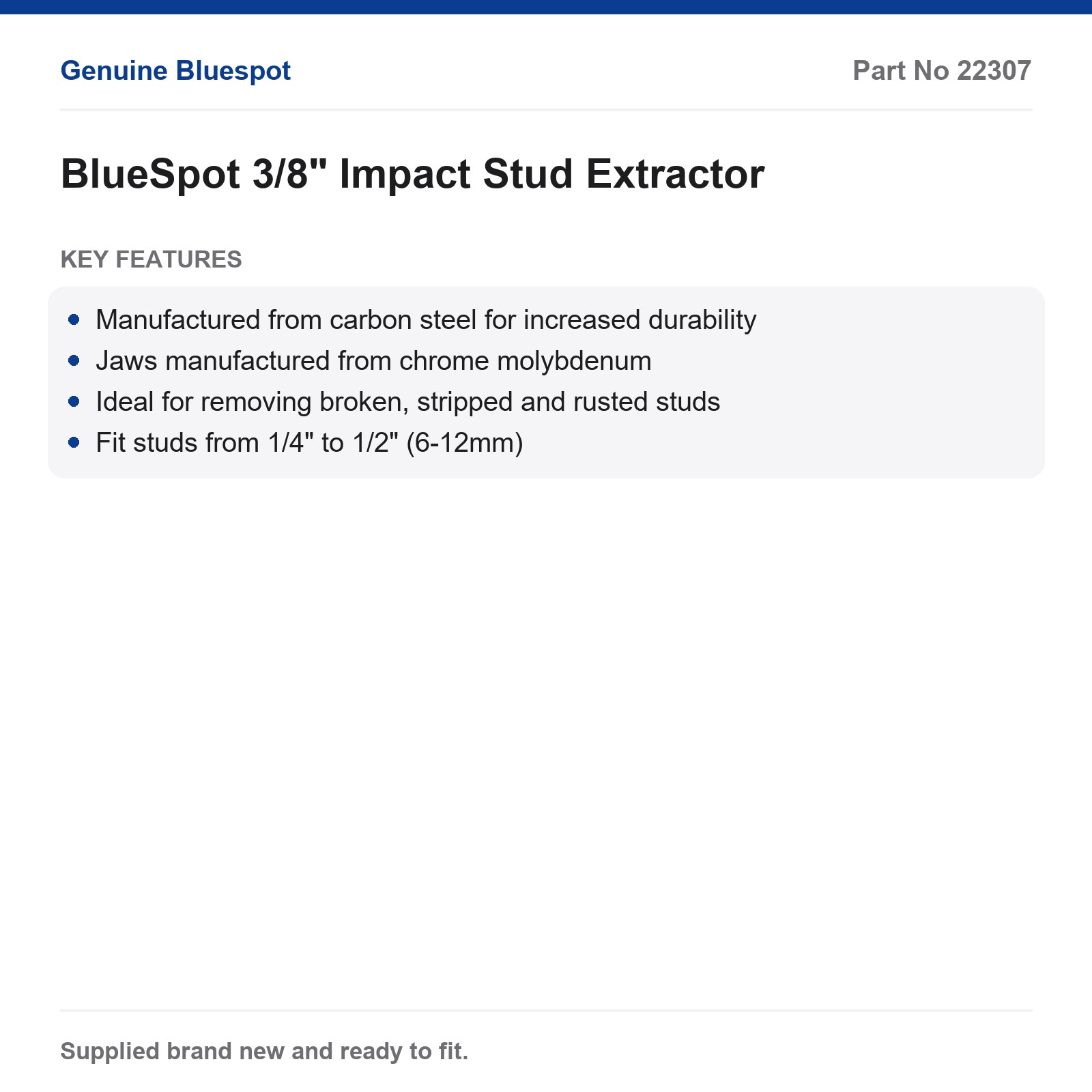 BlueSpot 3/8" Impact Stud Extractor 1/4-1/2" Cr-Mo Jaws Air Wrench Broken Studs - Image 3
