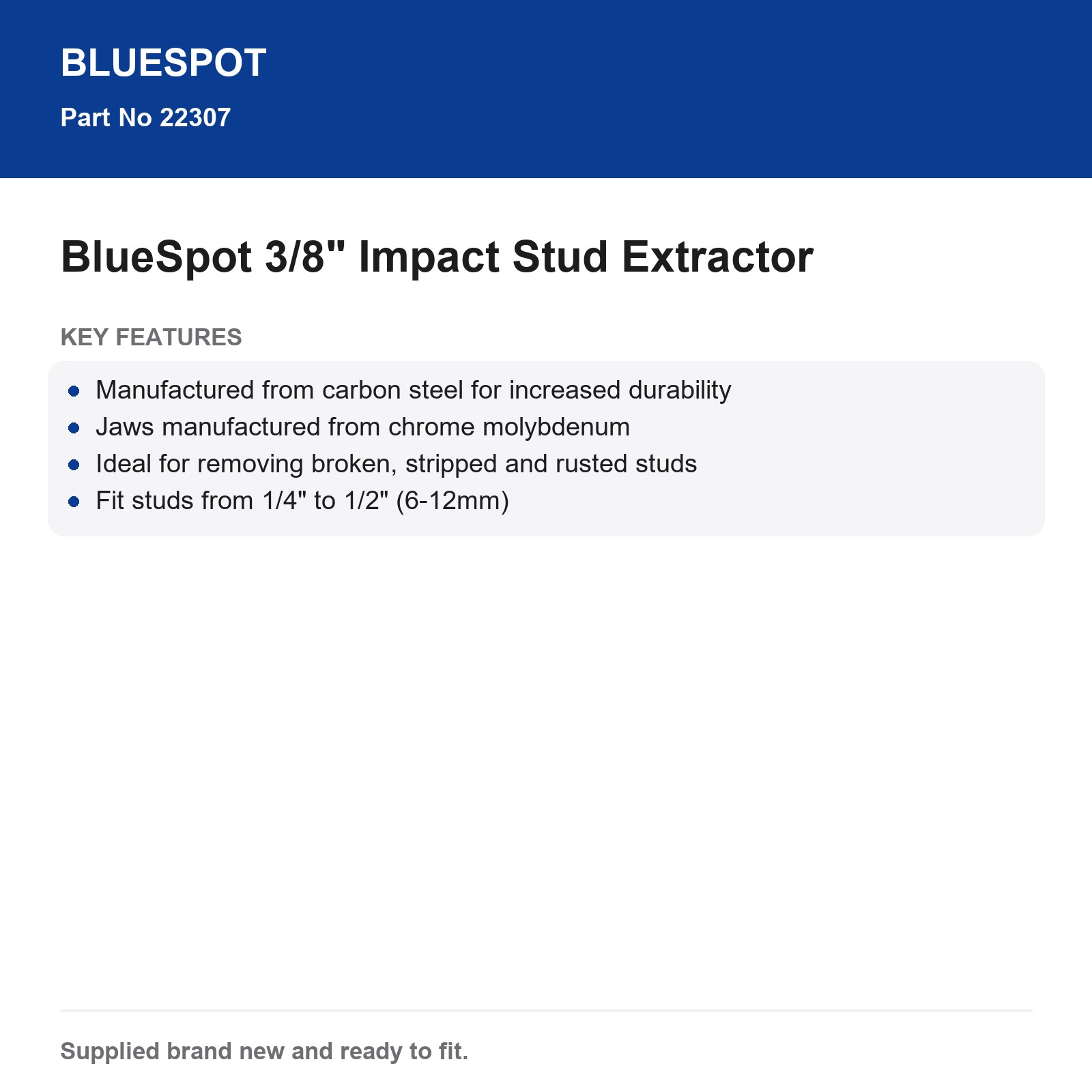 BlueSpot 3/8" Impact Stud Extractor 1/4-1/2" Cr-Mo Jaws Air Wrench Broken Studs - Image 4