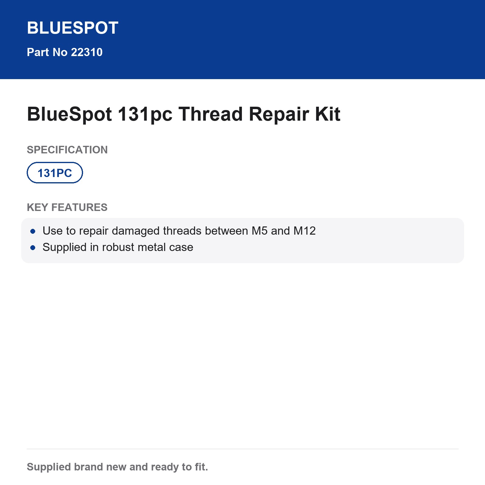 BlueSpot 131pc Thread Repair Kit Tap & Die Set M5-M12 Metal Case - Image 5